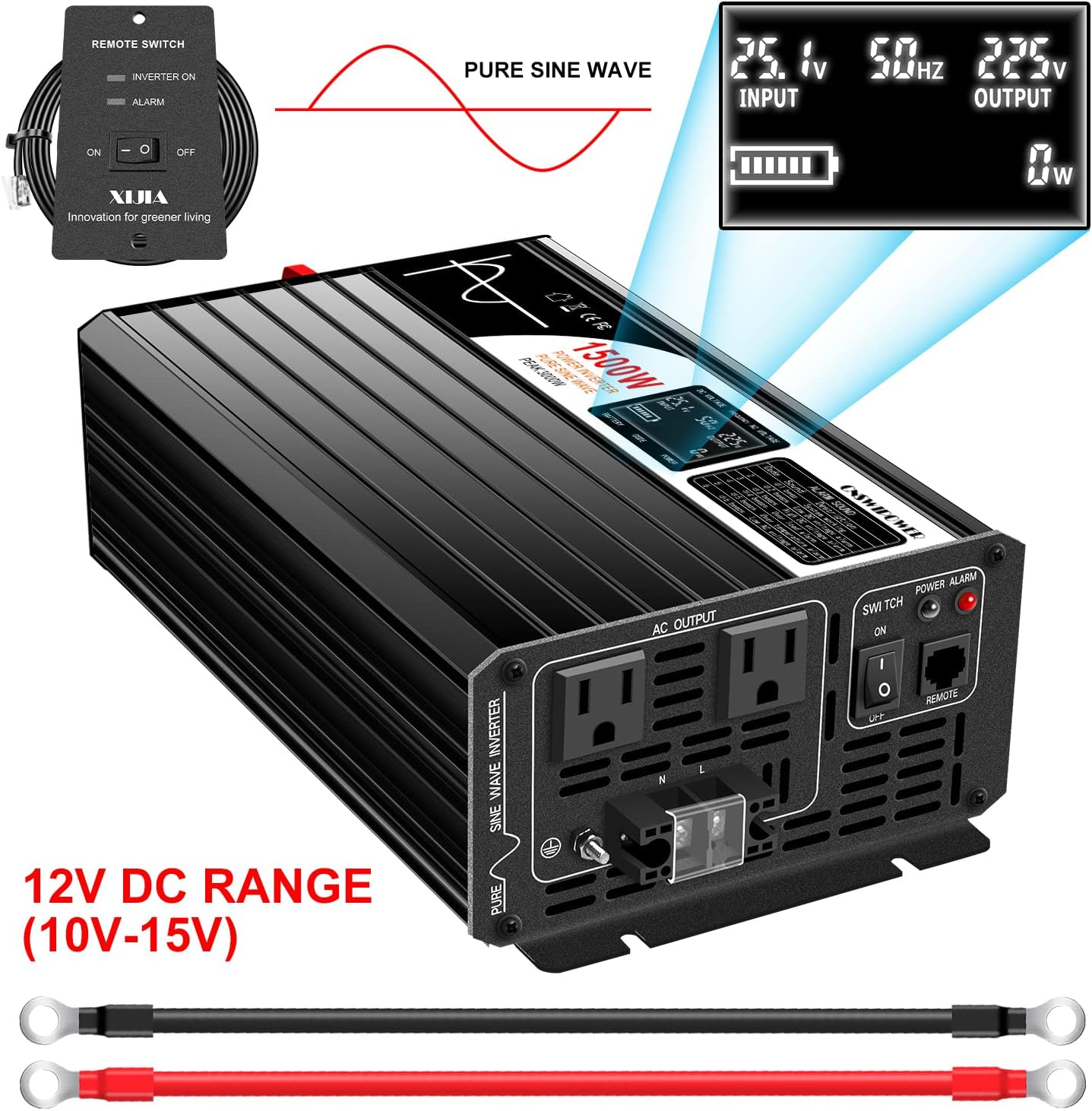 Xijia 1500W(Peak Power 3000W) LCD-Dispaly 48v to 120v Pure sine Wave 60HZ Solar Inverter for Home Use car (DC48V (Range 40V-60V) 1500W)…