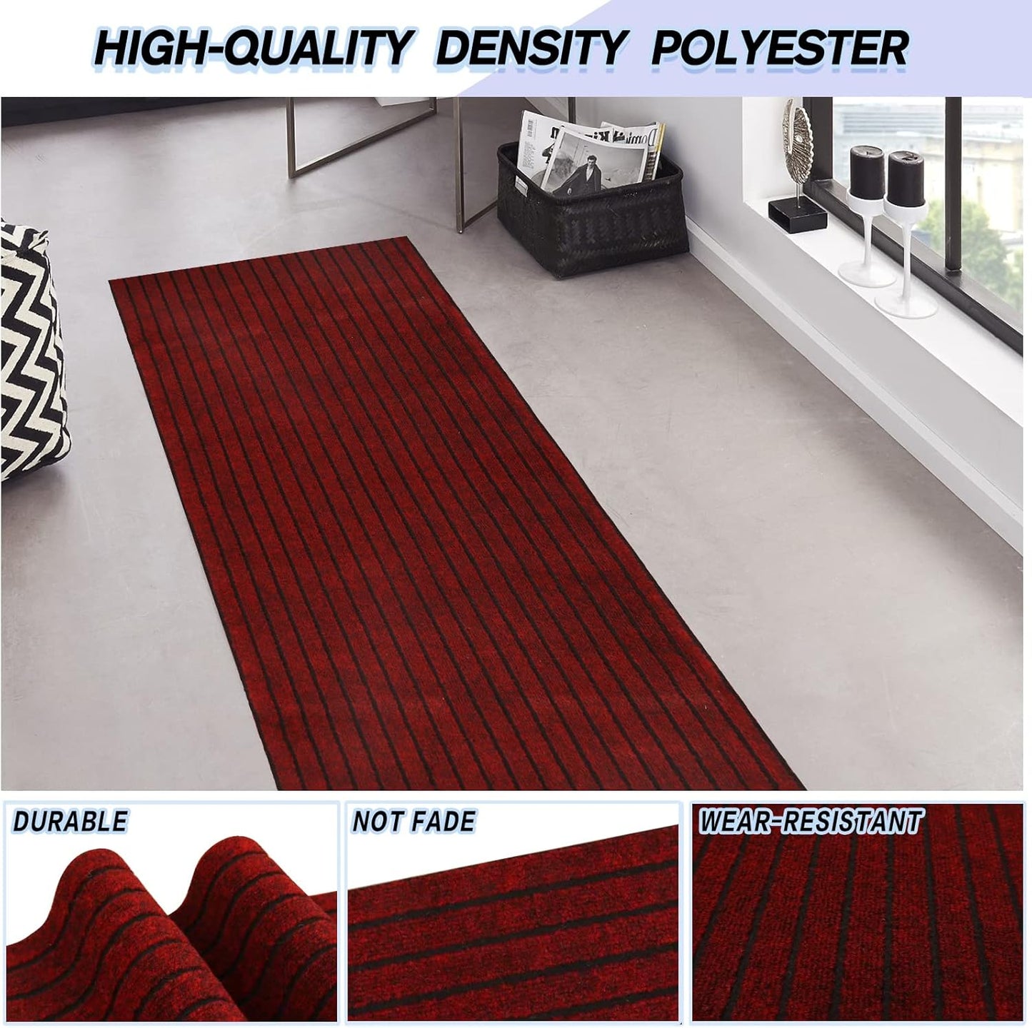 Custom Size Backed Non-Slip Area Rugs Runner, Easy Clean, Waterproof Runner Rugs for Hallway Entryway, Kitchen, Laundry, 2FT x 42FT, Red Stripe