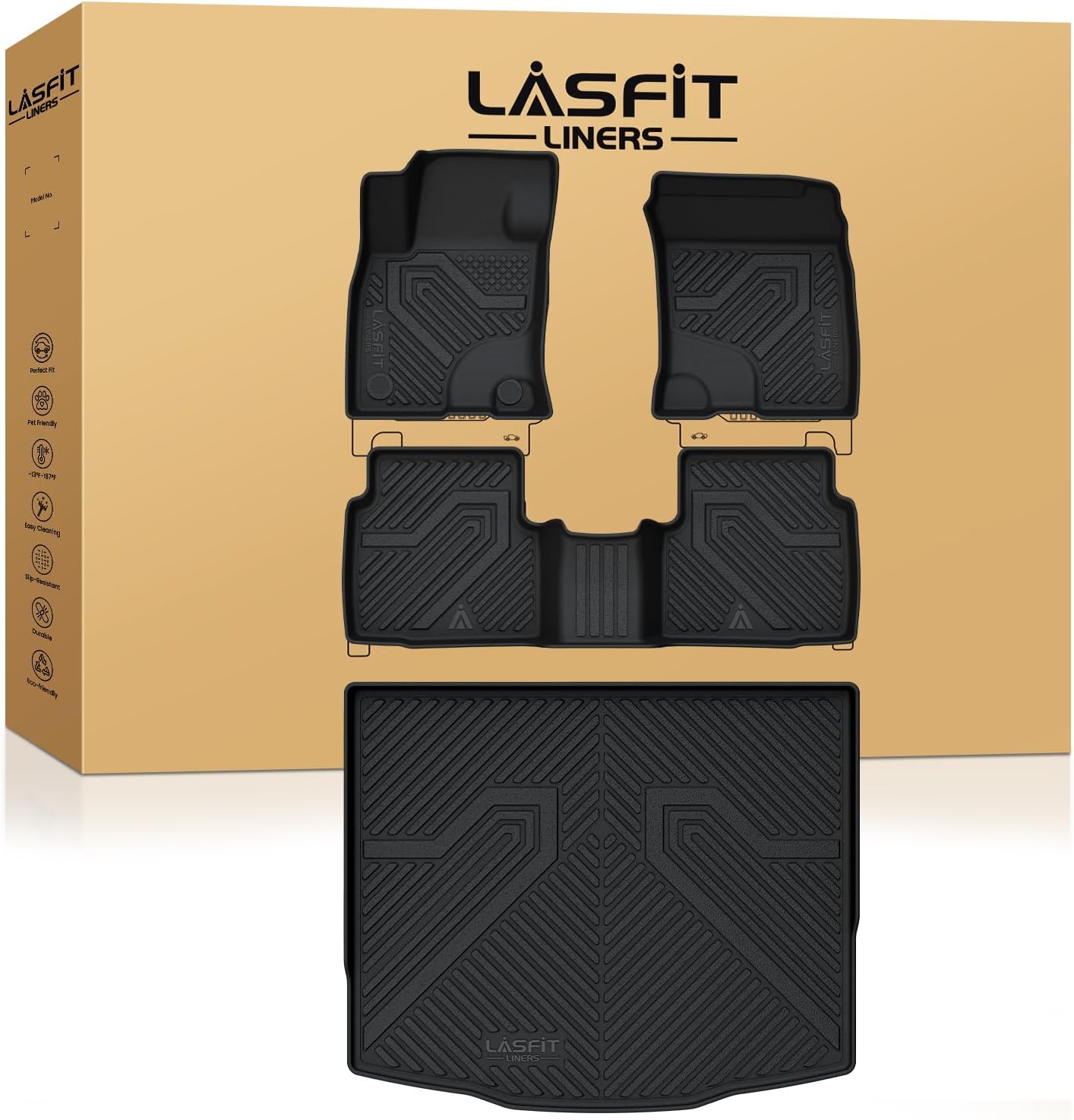LASFIT Floor Mats and Cargo Liner for Ford Escape Gasoline 2020-2025(NOT for Hybrid Models) All Weather Protector TPE Custom Fit Car Floor Liners, 1st & 2nd Row & Trunk Set, 4PCS Black