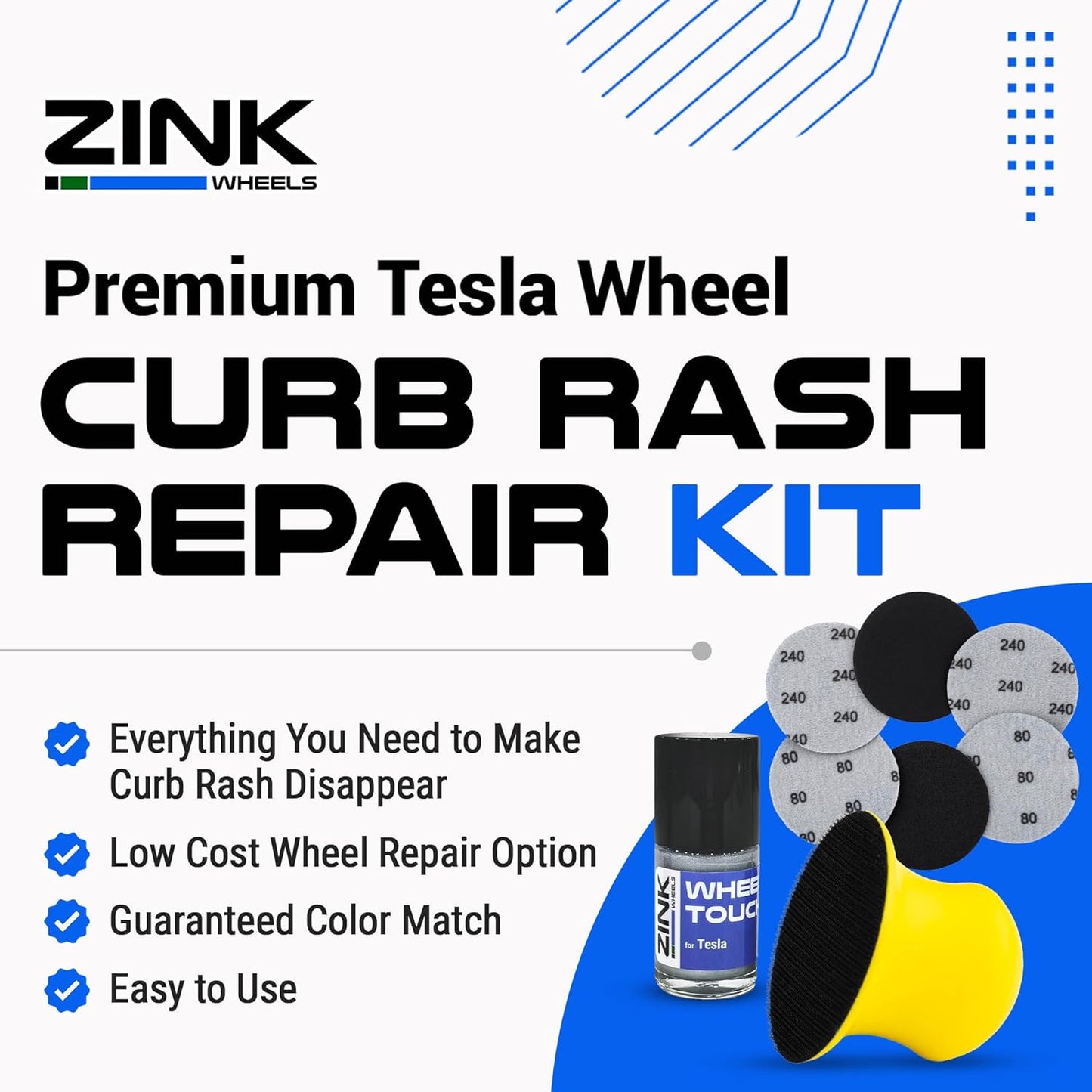 Premium Tesla Wheel Curb Rash Repair Kit for Model Y 19-inch Silver Gemini Rims - DIY Kit with Color-matched Touch Up Paint - Made in USA
