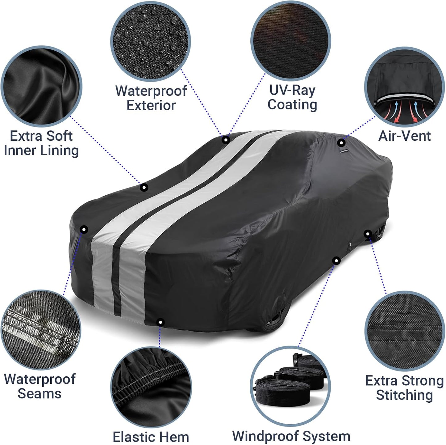 iCarCover Custom Car Cover for Chevy Kingswood (1959-1961) Waterproof All Weather Rain Snow UV Sun Protector Full Exterior Indoor Outdoor Car Cover (Stripe - Black/Gray)