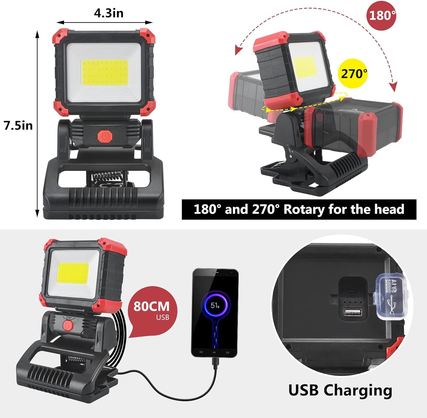 LED Rechargeable Work Light with Clamp, 2Pack 2100LM COB Magnetic Work Light with 3 Light Modes, 270° & 180° Rotation, Waterproof, Perfect for BBQ, Jobsite, Workshop, Car Repairing