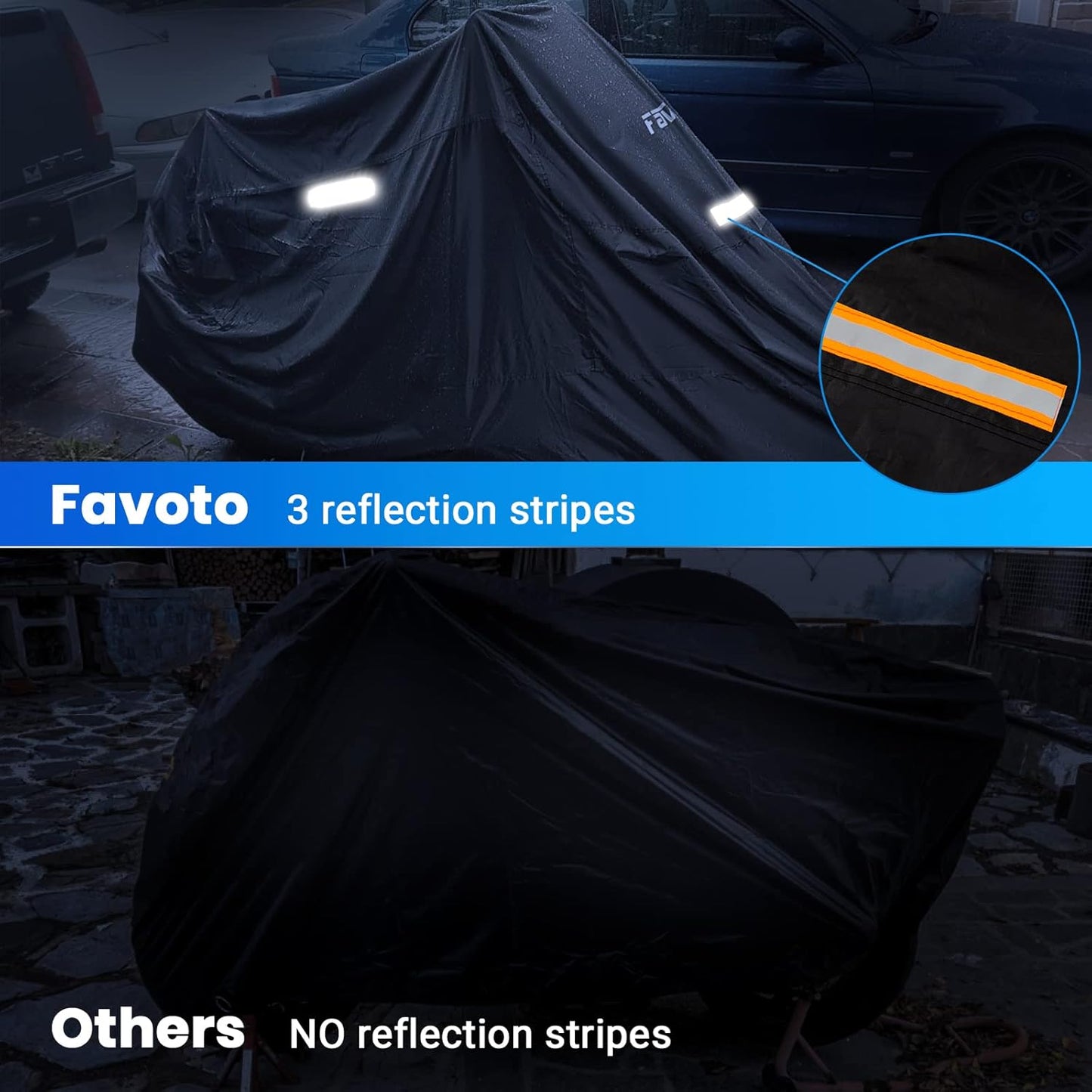 Favoto Motorcycle Cover Waterproof All Weather Universal Fits up to 108 inches Motorcycles with 3 Night Reflectors Lock-Hole Carrying Bag, Windproof Dustproof Sun Outdoor Protection