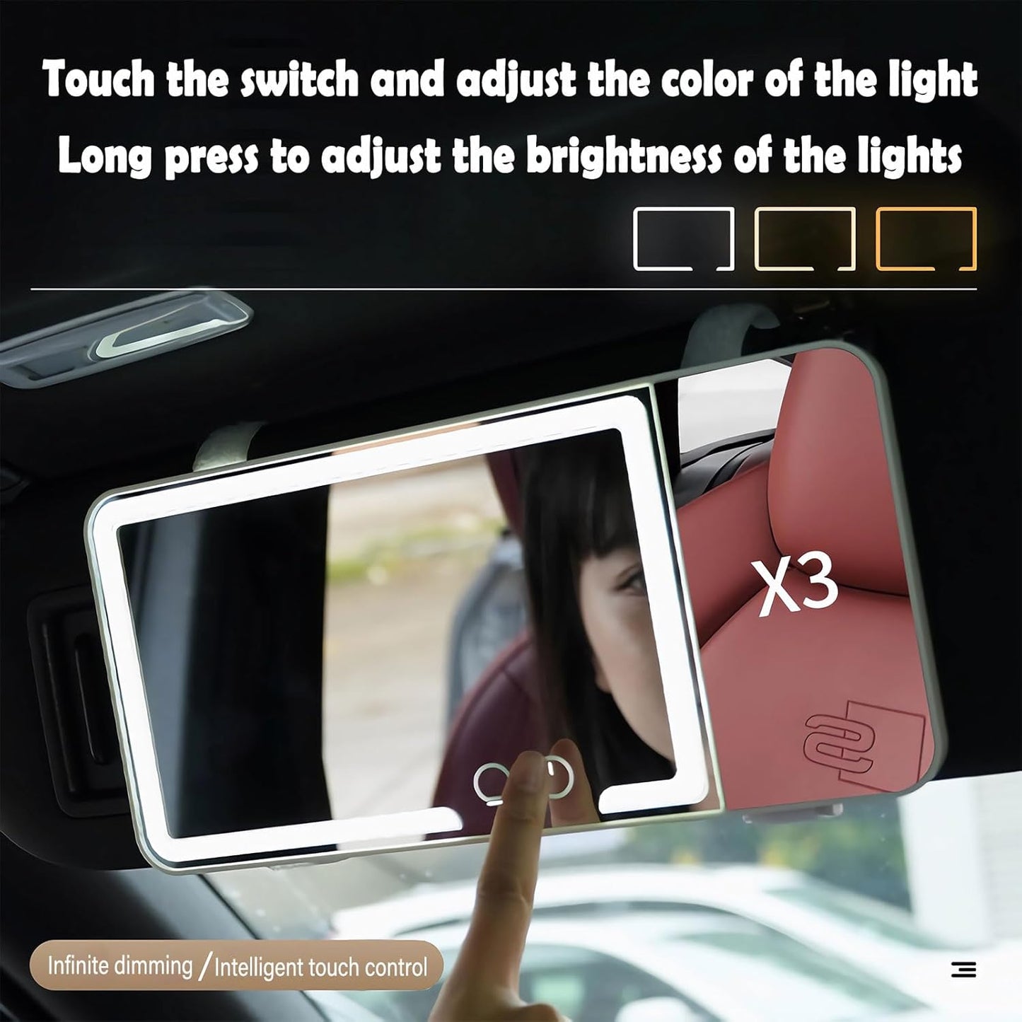 Car Sun Visor Vanity Mirror, Dimmable Touch Screen Makeup Mirrors with 3 Light Modes & 3x Magnifying for Women Detailed Makeup Universal Clip-on Rear View Sun-Shading Cosmetic Mirror (Black)