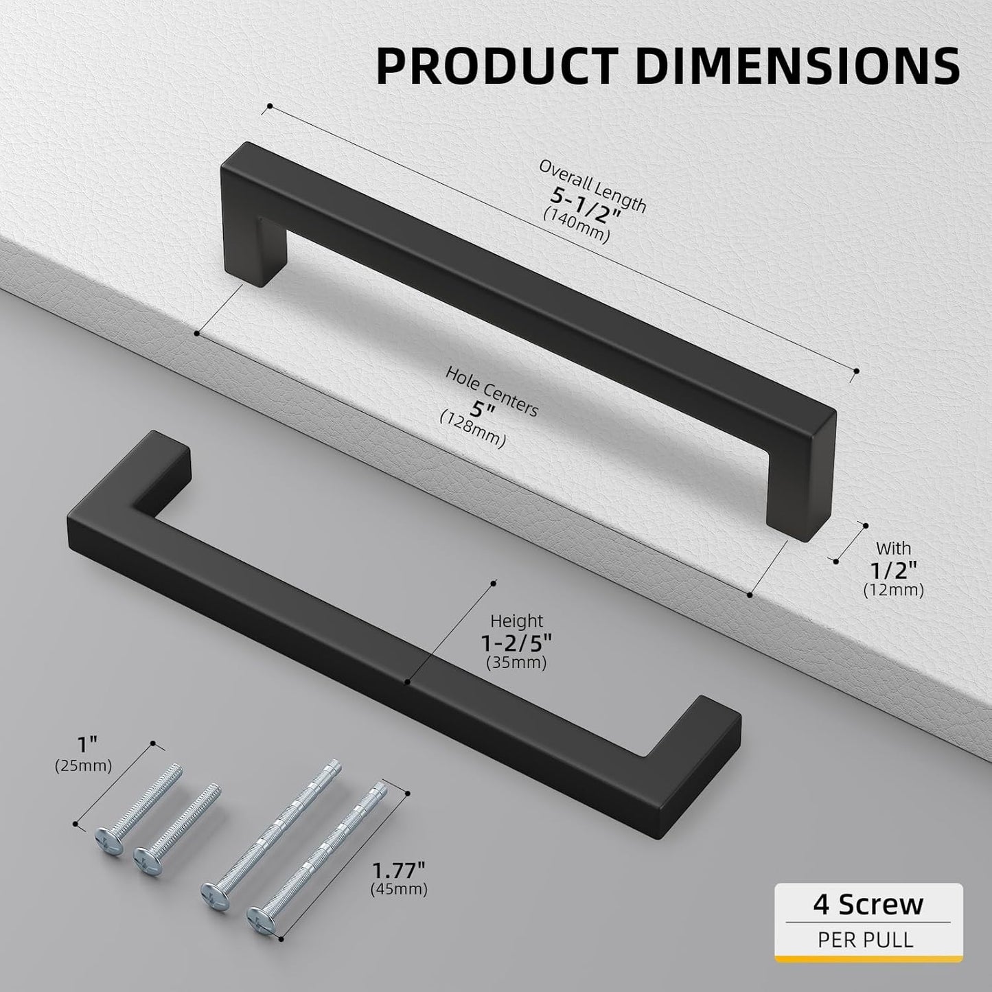 goldenwarm 150 Pack 5 Inch Black Cabinet Handles - Matte Black Drawer Pulls Stainless Steel - 128mm Cabinet Hardware Square Bar Modern Cabinet Pulls for Kitchen Bathroom Cupboard