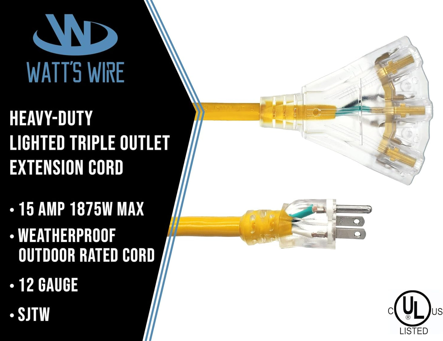 2 ft - 12 Gauge Heavy Duty Extension Cord - 3 Outlet Lighted SJTW - Indoor/Outdoor Extension_Cord by Watt's Wire - 2' 12-Gauge Grounded 15 Amp ExtensionCord Splitter