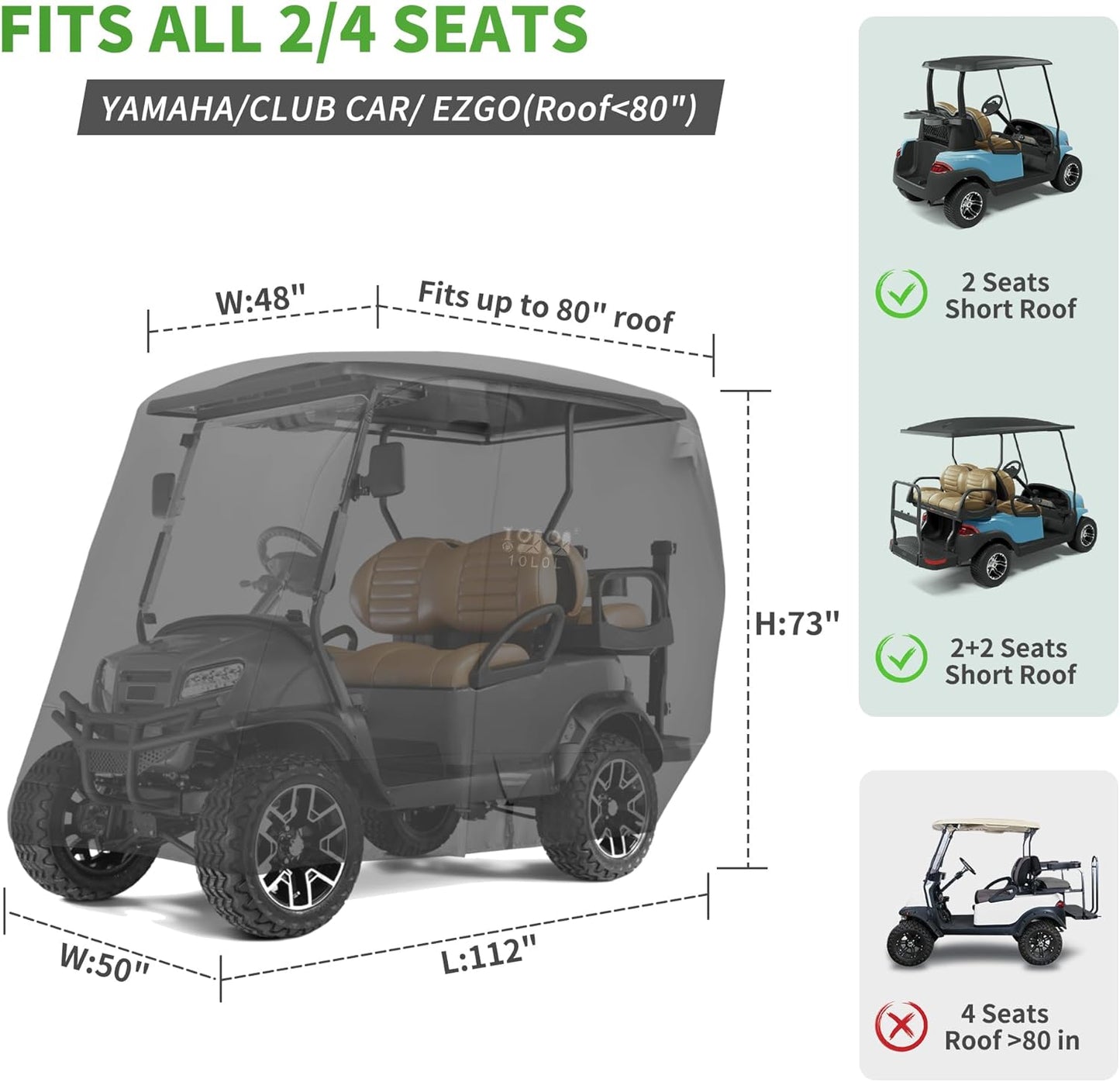 10L0L Heavy Duty Golf Cart Cover for 2/4 Passengers EZGO, Club Car and Yamaha, All Weather Outdoor Protection Weatherproof