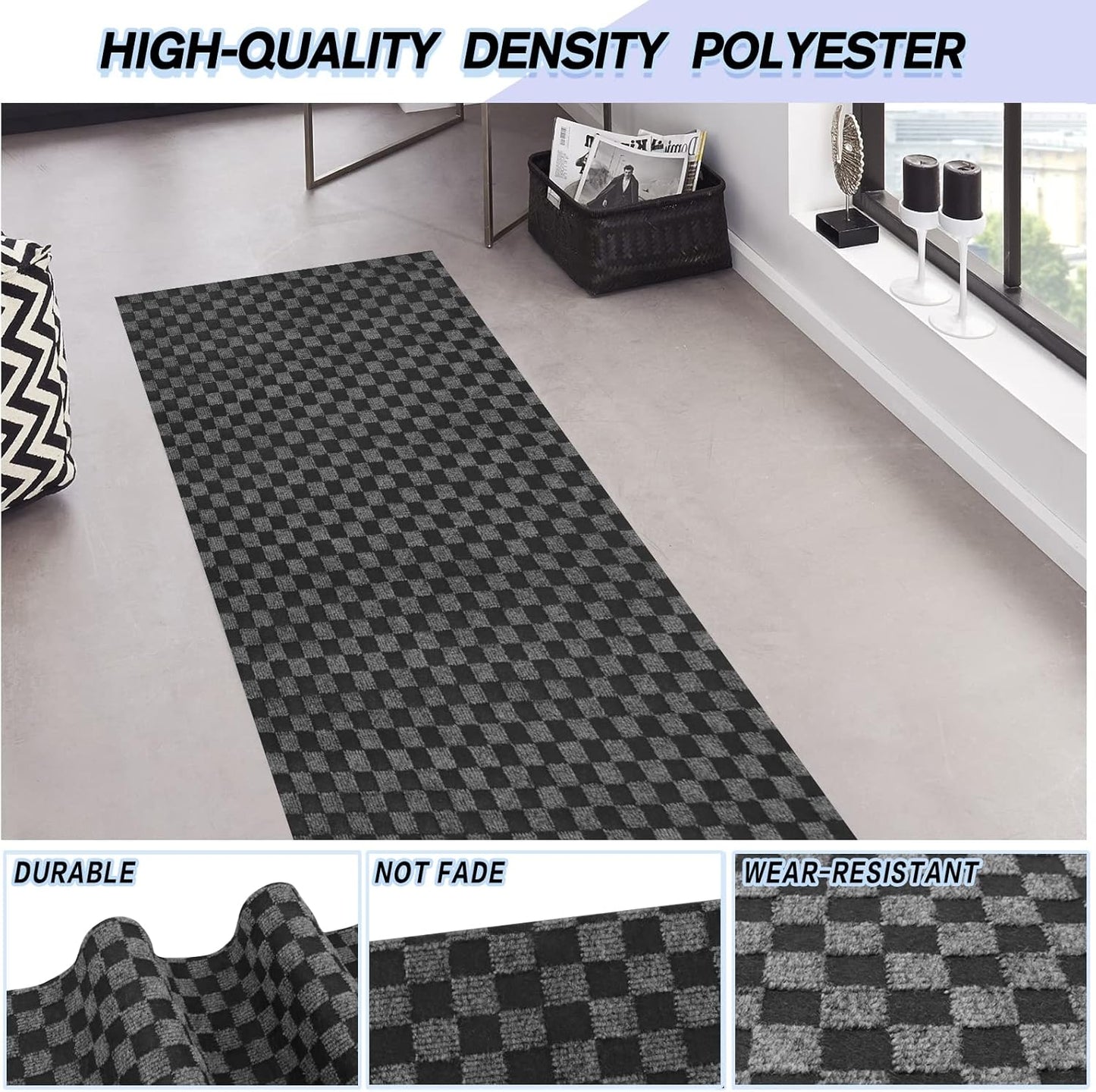 Custom Size Backed Non-Slip Area Rugs Runner, Easy Clean, Waterproof Runner Rugs for Hallway Entryway, Kitchen, Laundry, 2FT x 70FT, Gray Checkered