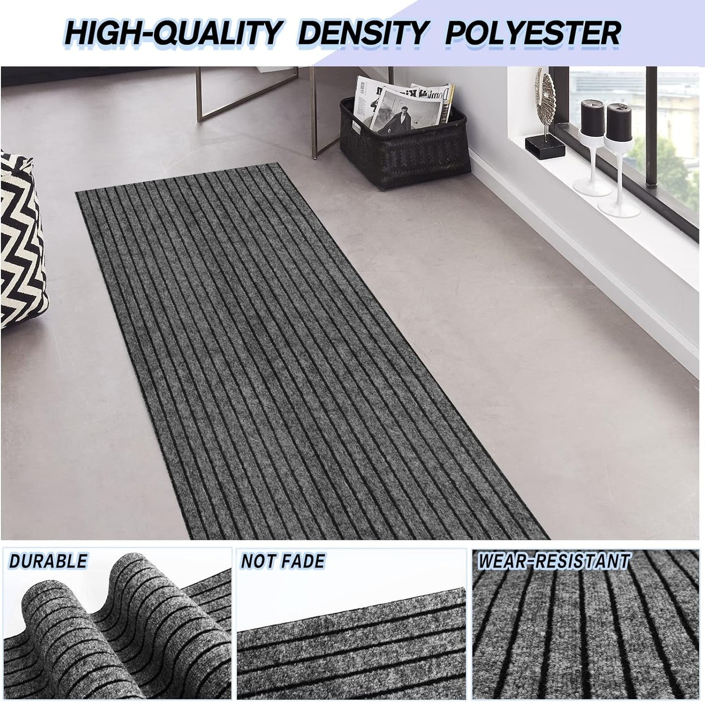 Custom Size Backed Non-Slip Area Rugs Runner, Easy Clean, Waterproof Runner Rugs for Hallway Entryway, Kitchen, Laundry, 2FT x 78FT, Gray Stripe