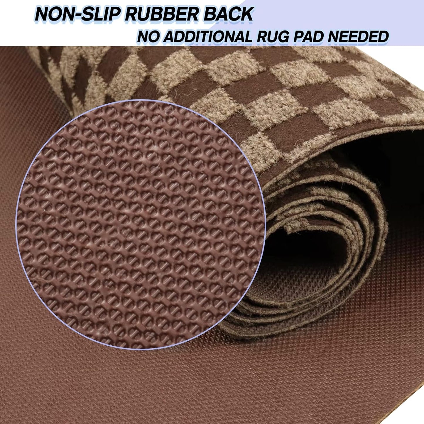Custom Size Backed Non-Slip Area Rugs Runner, Easy Clean, Waterproof Runner Rugs for Hallway Entryway, Kitchen, Laundry, 3FT x 19FT, Brown Checkered