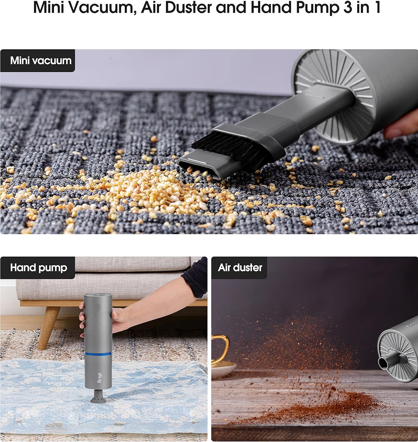 Brigii Mini Handheld Vacuum Cordless, 3 in 1-Car Vacuum & Air Duster & Hand Pump, Portable Rechargeable Cleaner for Car Interior, Small Spaces, Crevices-Y120 Pro