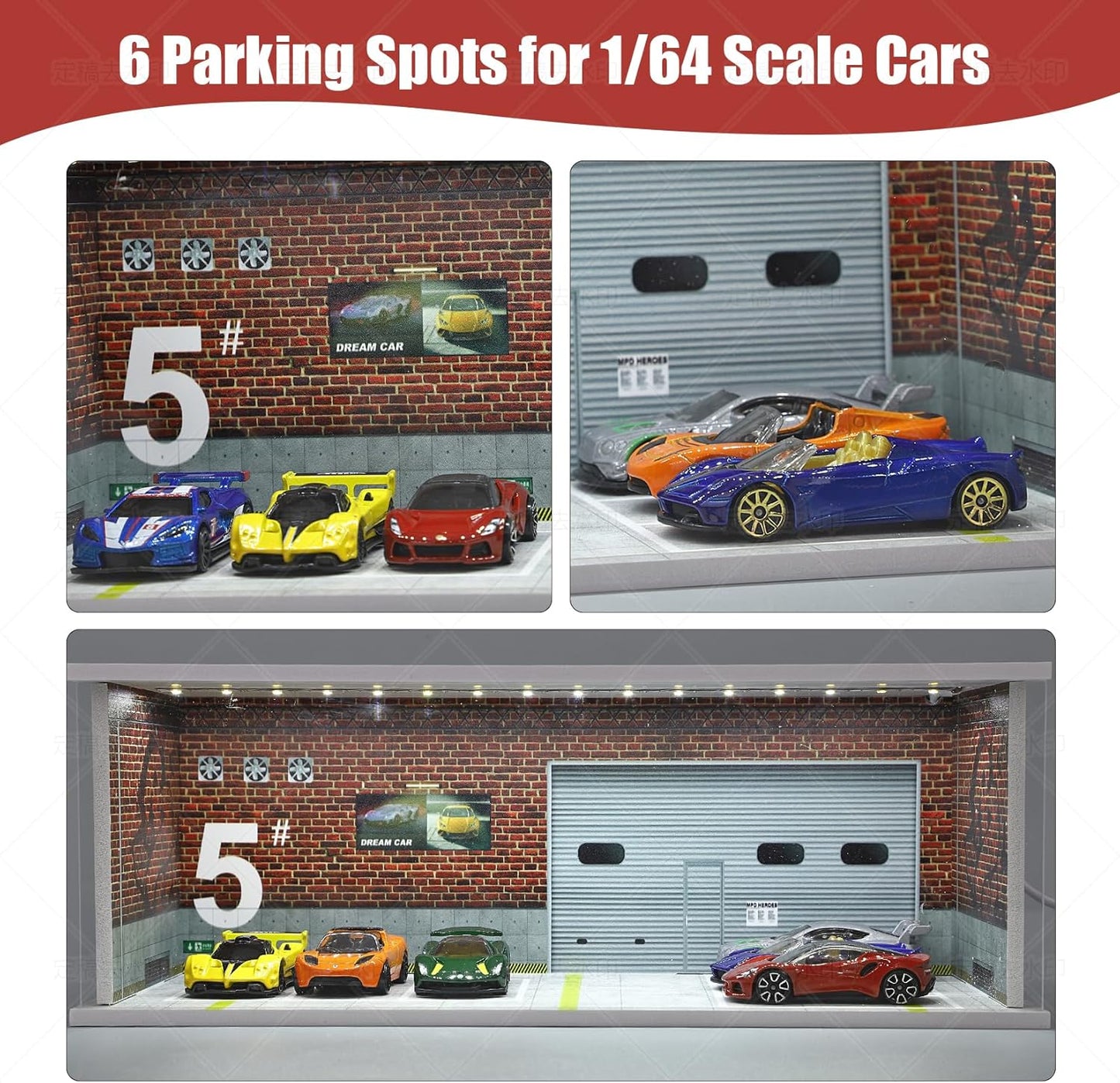 Display Case for Hot Wheels: Stackable Parking Garage for 1/64 Scale Matchbox Toy Car, Foamboard Storage for Monster Trucks with LED Light and Acrylic Cover, Supply Store