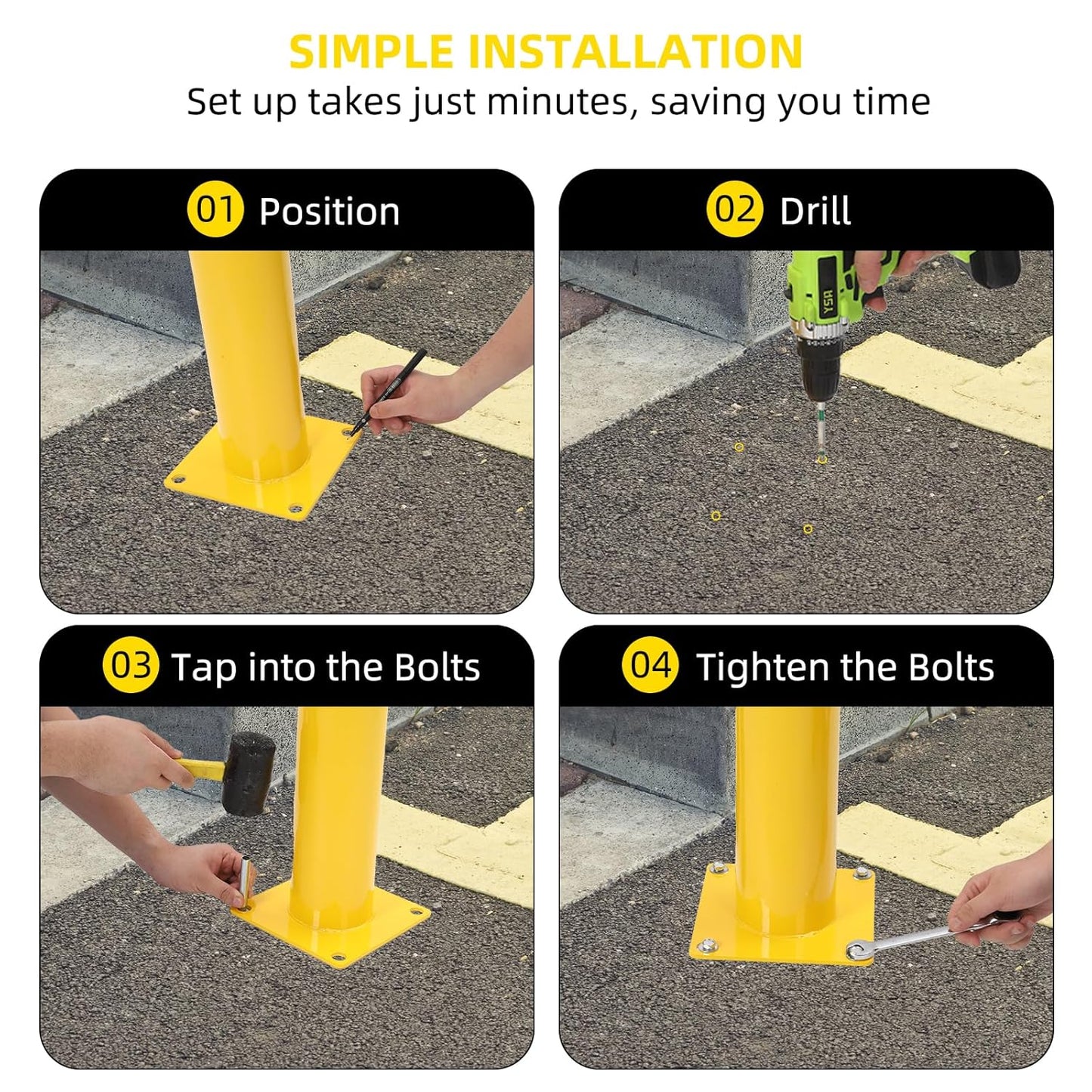 Safety Bollard 4 Packs, 42 Inch Height Steel Bollard Post for Parking Lot, 4.5 Inch Diameter Pipe, Yellow Safety Bollard Post with 16 Anchor Bolts, Ideal for Traffic-Sensitive Areas, Driveway Barrier