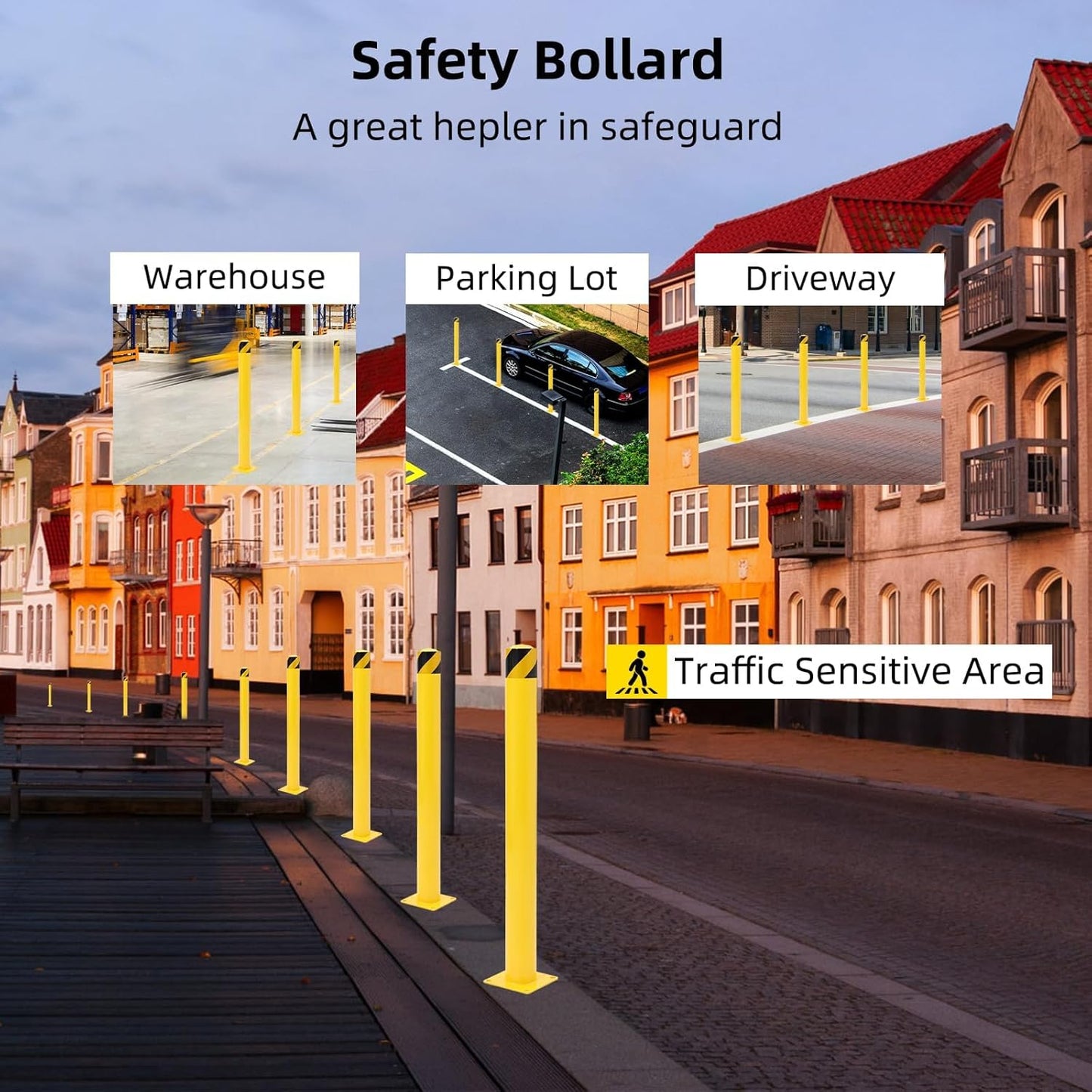 Safety Bollard 2 Packs, 42 Inch Height Steel Post, 4.5 Inch Diameter Parking Bollard, Yellow Safety Bollard Post with 8 Anchor Bolts, Ideal for Ideal for Parking Warehouse Park Traffic Area