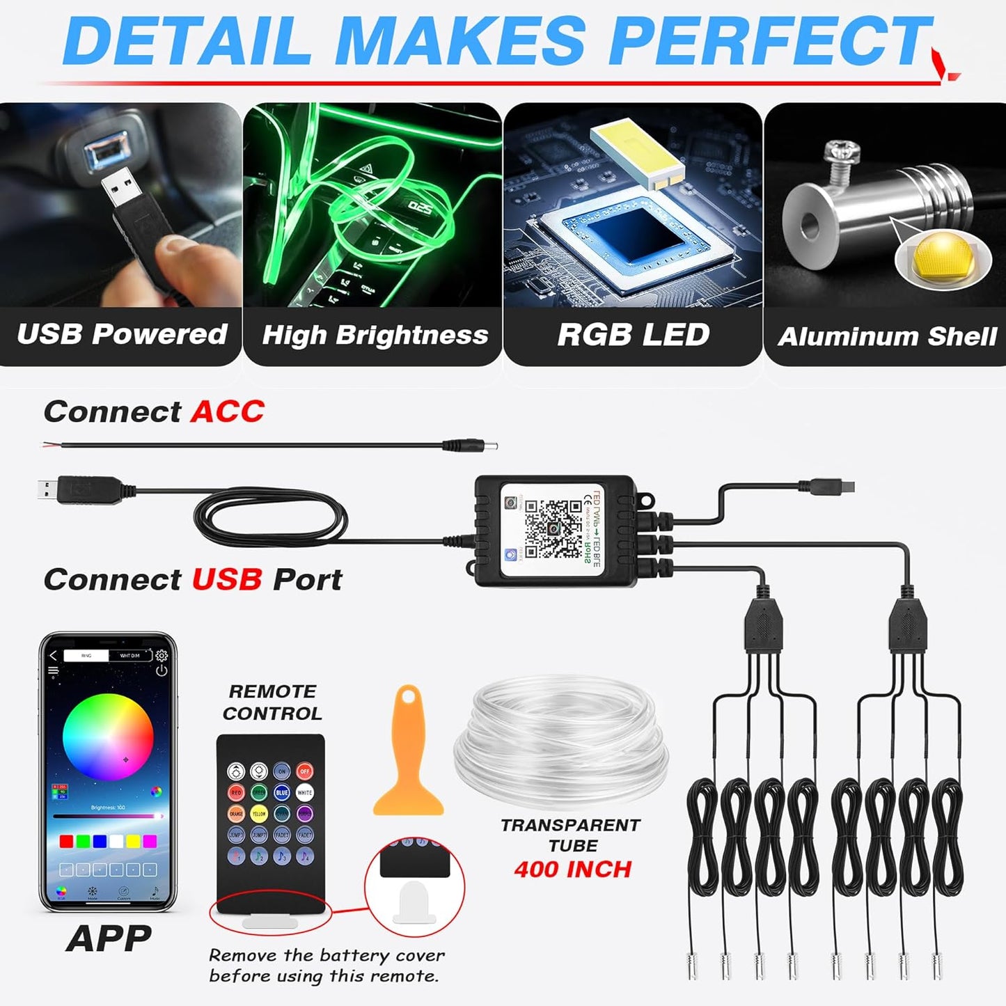 MICTUNING Car LED Interior Strip Light, 8 in 1 RGB Multicolor with 400 inches Fiber Optic Ambient Lighting Kits with Remote and APP Control, Car USB LED Strip Lights with Music Sync Mode