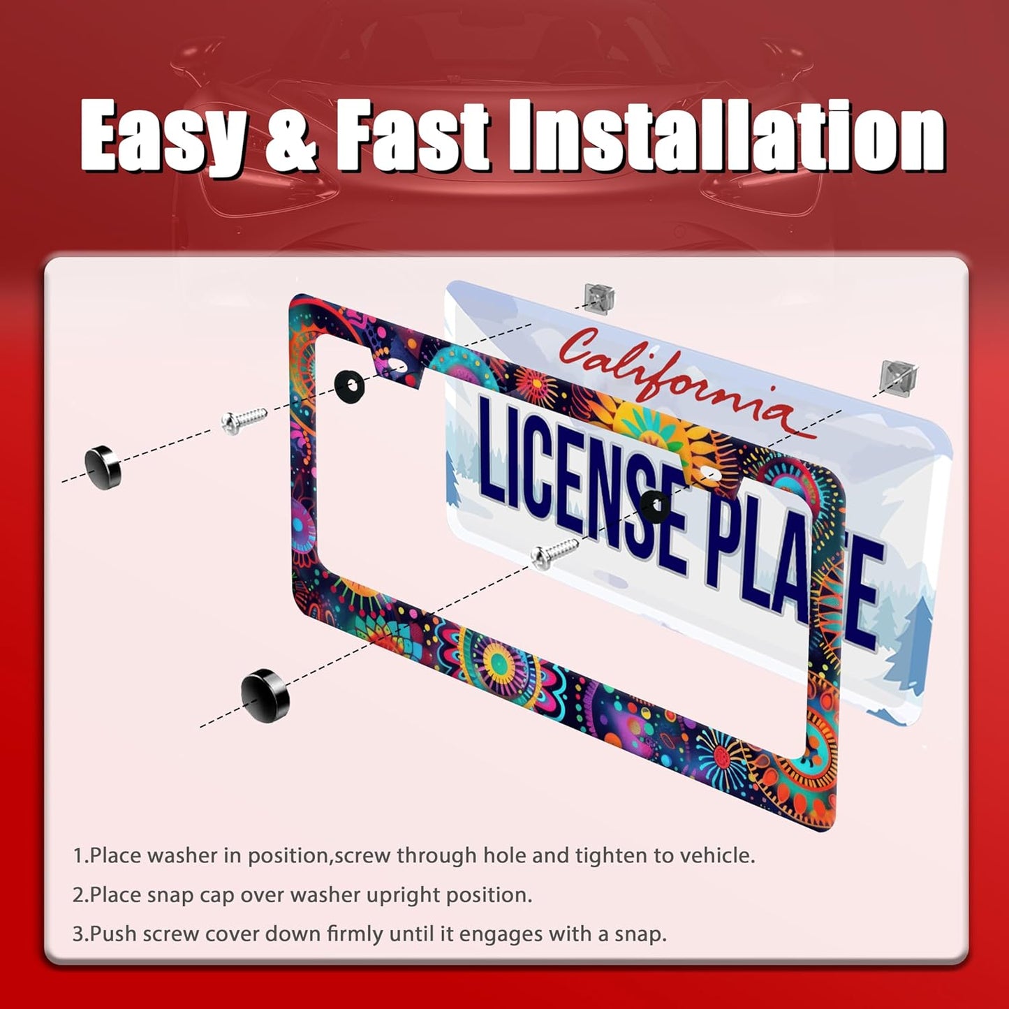 Fantasy Colorful Mandala License Plate Frame Boho Flowers License Plate Holder Funny Personalise Car Stainless Stee Decorative Parts for Standard Us Canada Vehicles 12x6 Inch for Women Men