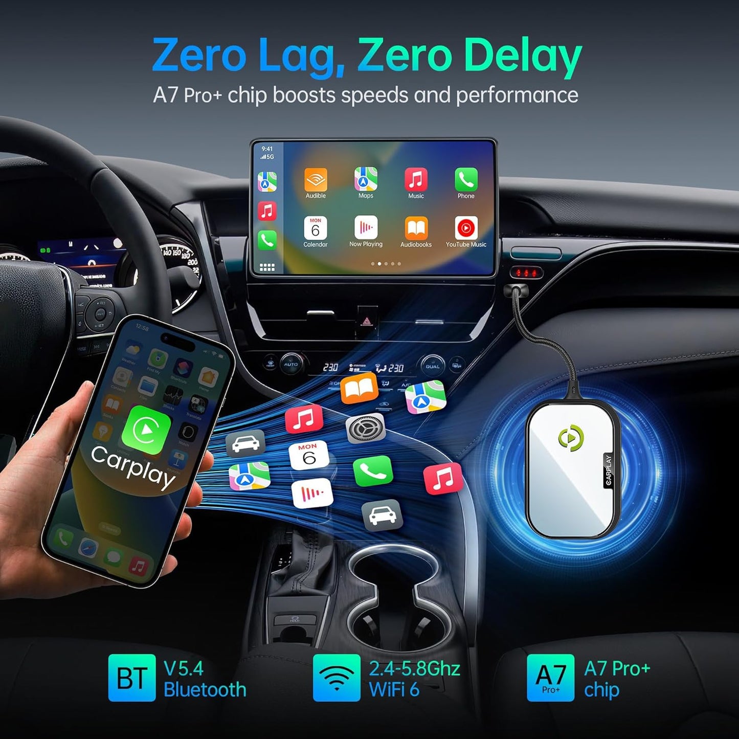 Wireless CarPlay Adapter for Apple iPhone, Converts Factory Wired CarPlay to Wireless CarPlay 2024 Upgrade Plug & Play Auto Connect Fast Easy Use for Cars from 2017 & iPhone iOS Dark Black