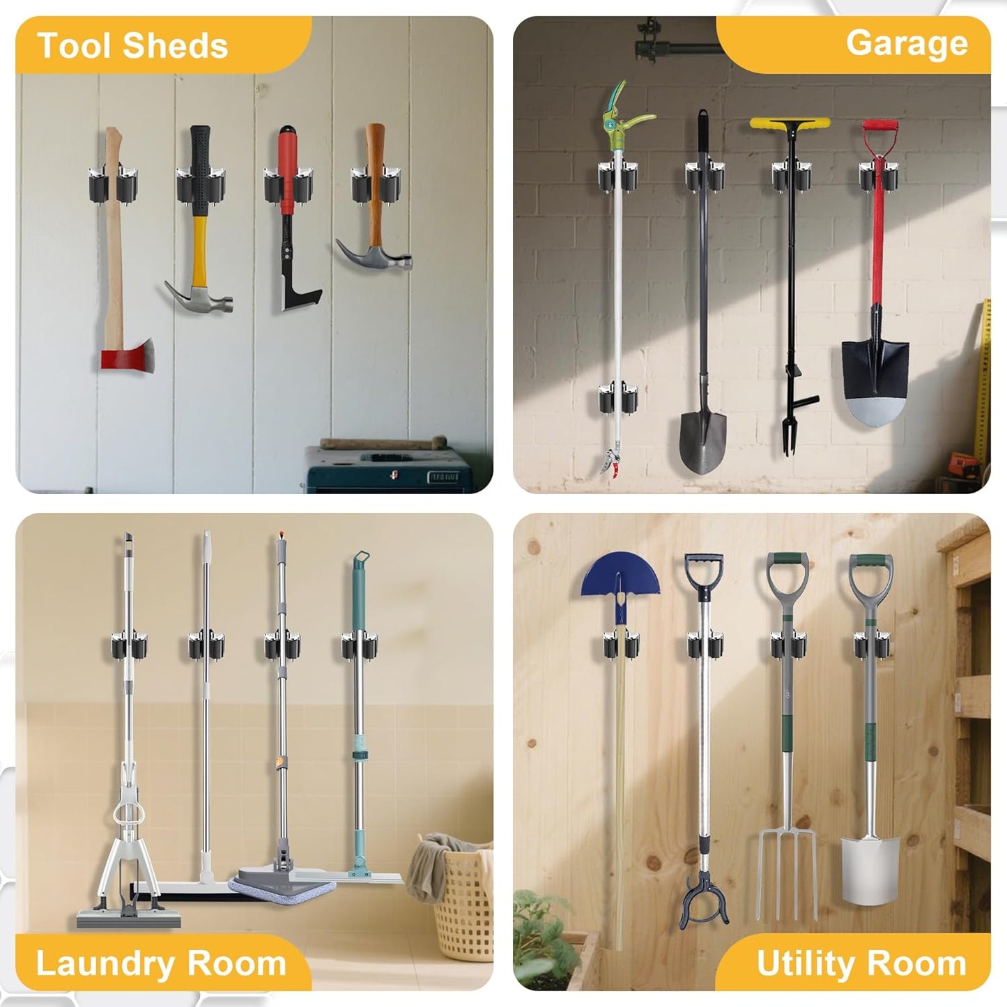 Broom Holder Wall Mount – 12 Pack Broom Rack with Star Shaped Rubber Rollers & Nickel Plated Brackets for Strong Grip and Long Life – Ideal for Garden Tools Organization