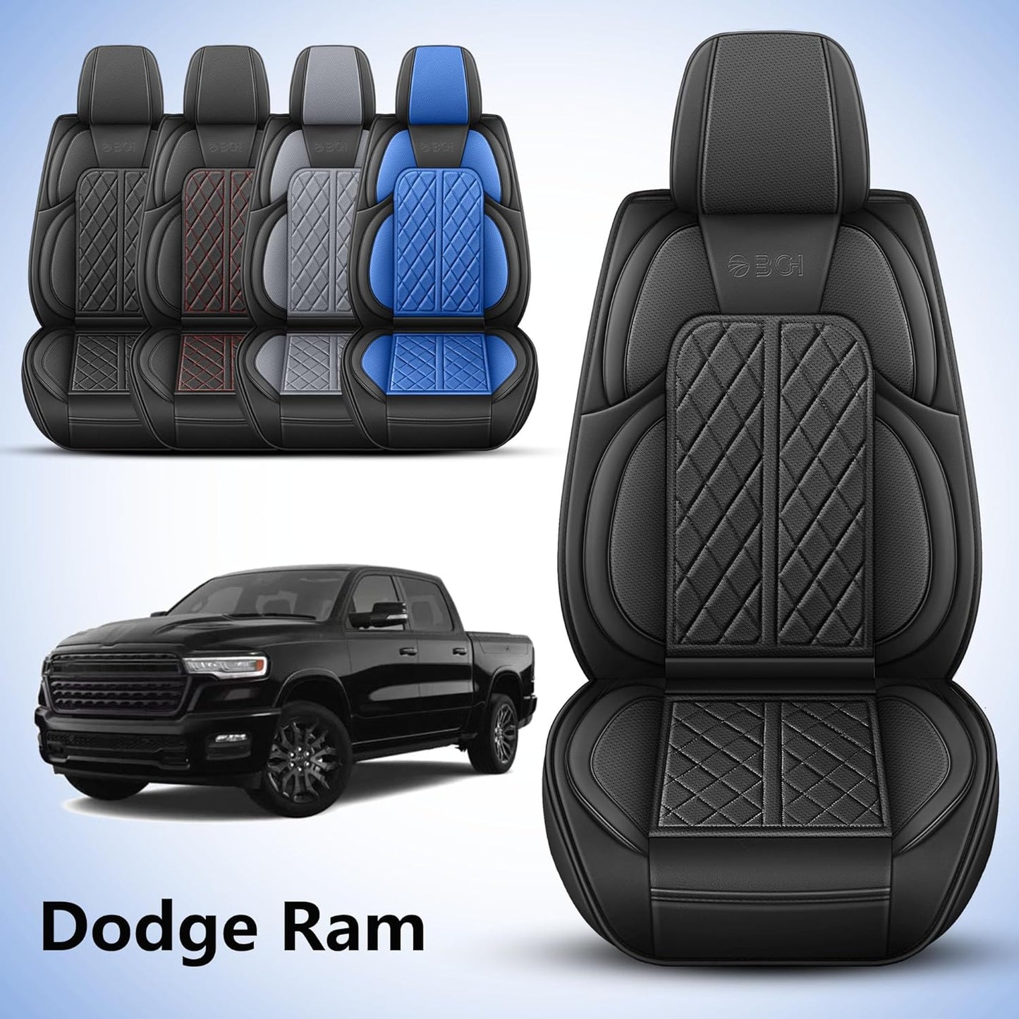 Car Seat Cover Custom Fit for Dodge Ram 1500 2500 3500 2002-2024 Faux Leather Seat Cover Set Compatible with Crew Quad Regular Cab Pickup Truck Cushions (Black, Full Set, Curved Rear)