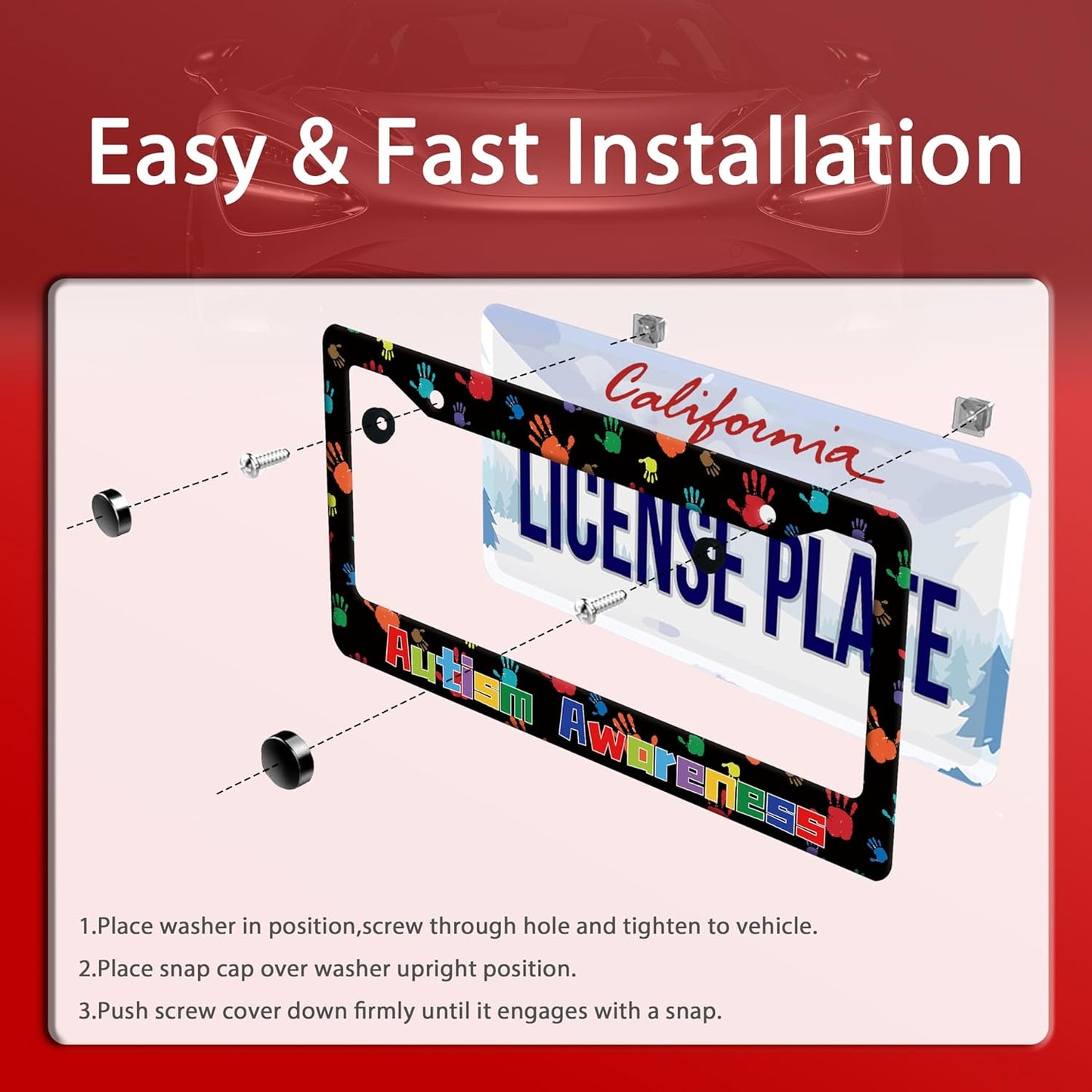 Autism Awareness License Plate Frame Colorful Handprint License Plate Frames Stainless Steel Accessories Cars Decor with 2 Holes and Screws Fits Standard US CA Vehicles Size 12.2 x 6 Inches