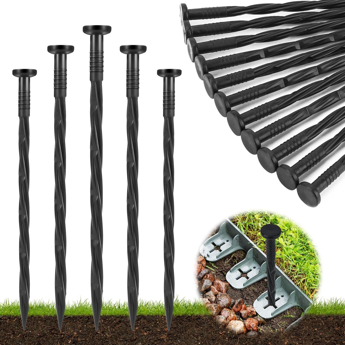 Landscape Edging Stakes, 100 Pcs 8" Plastic Garden Spikes, Spiral Nylon Anchoring Spikes for Paver Edging, Weed Barriers, Artificial Turf, Tent, Grass Pathway and More, Black