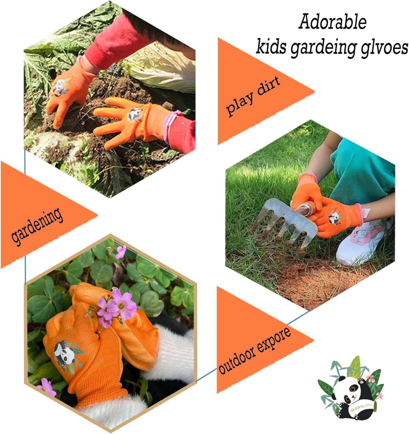 HANDLANDY 2 Pairs Kids Gardening Gloves, Toddler Children Garden Yard Work Outdoor Playing Gloves, Rubber Coating, for Girls Boys Youth (Size XL, Orange)