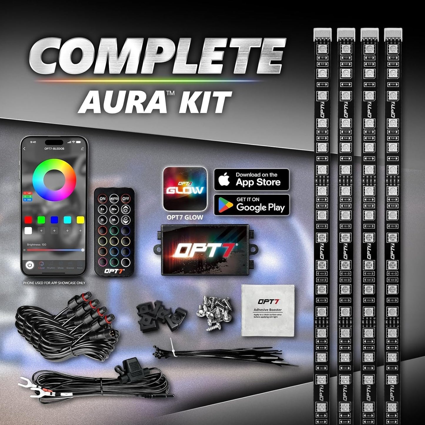 OPT7 Aura Pro RGB LED Grille Lights with App & Remote Control, 4pc 24" Light Strips, Waterproof Front Grill Lighting, Music Sync, Multi-Color, Trucks Decor Accessories for Tacoma Tundra 4Runner