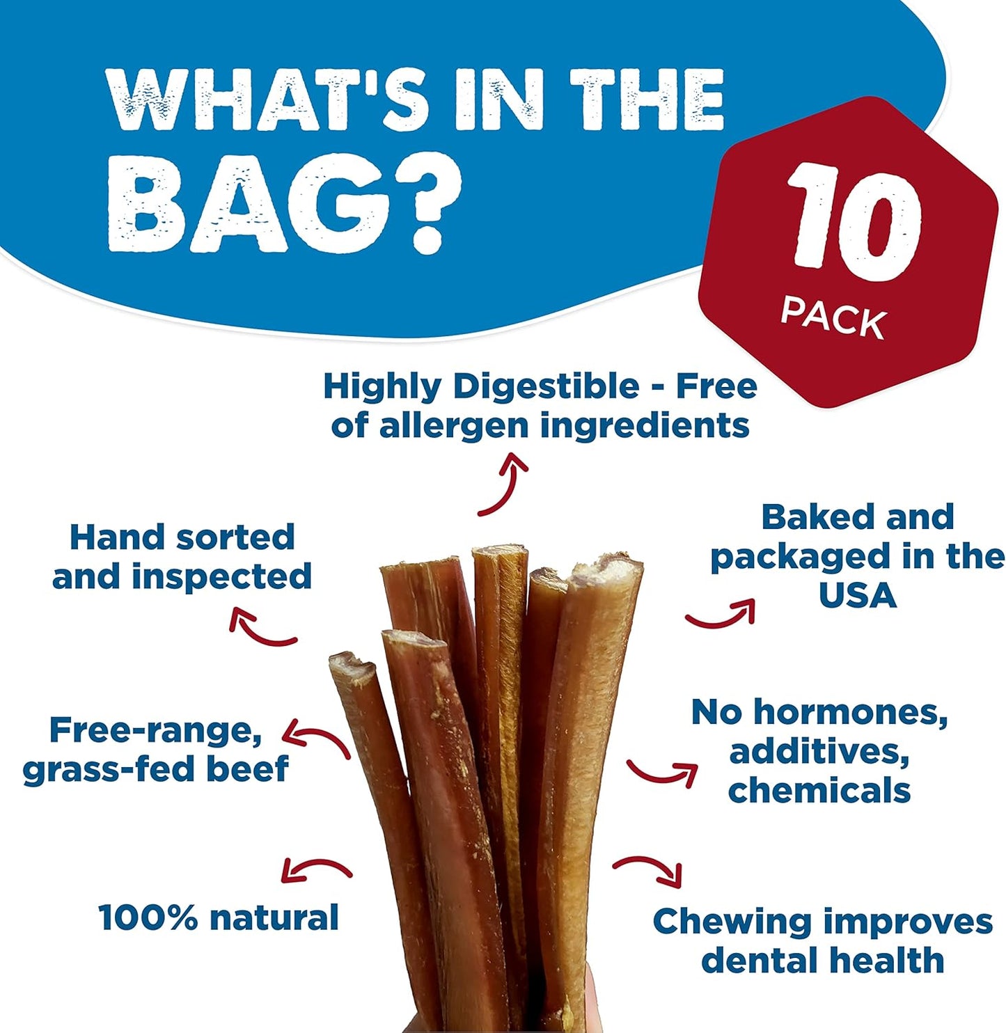 Best Bully Sticks 12 Inch Bully Sticks for Dogs - 10 Count (Pack of 1) - Natural, Easily Digestible, 100% Grass-Fed Beef, Grain and Rawhide Free