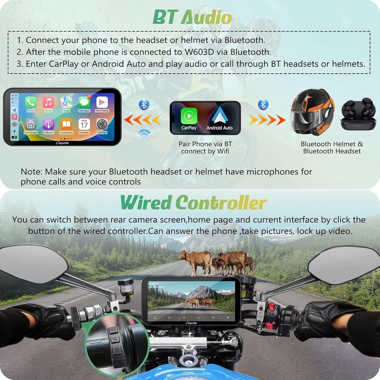 Carpuride W603D Motorcycle GPS Carplay Screen, Wireless CarPlay & Android Auto for Moto, with HD 1080P Dual Cameras, Remote Control，6.3" Waterproof Touchscreen, BT Aduio, Loop Recording, Navigation