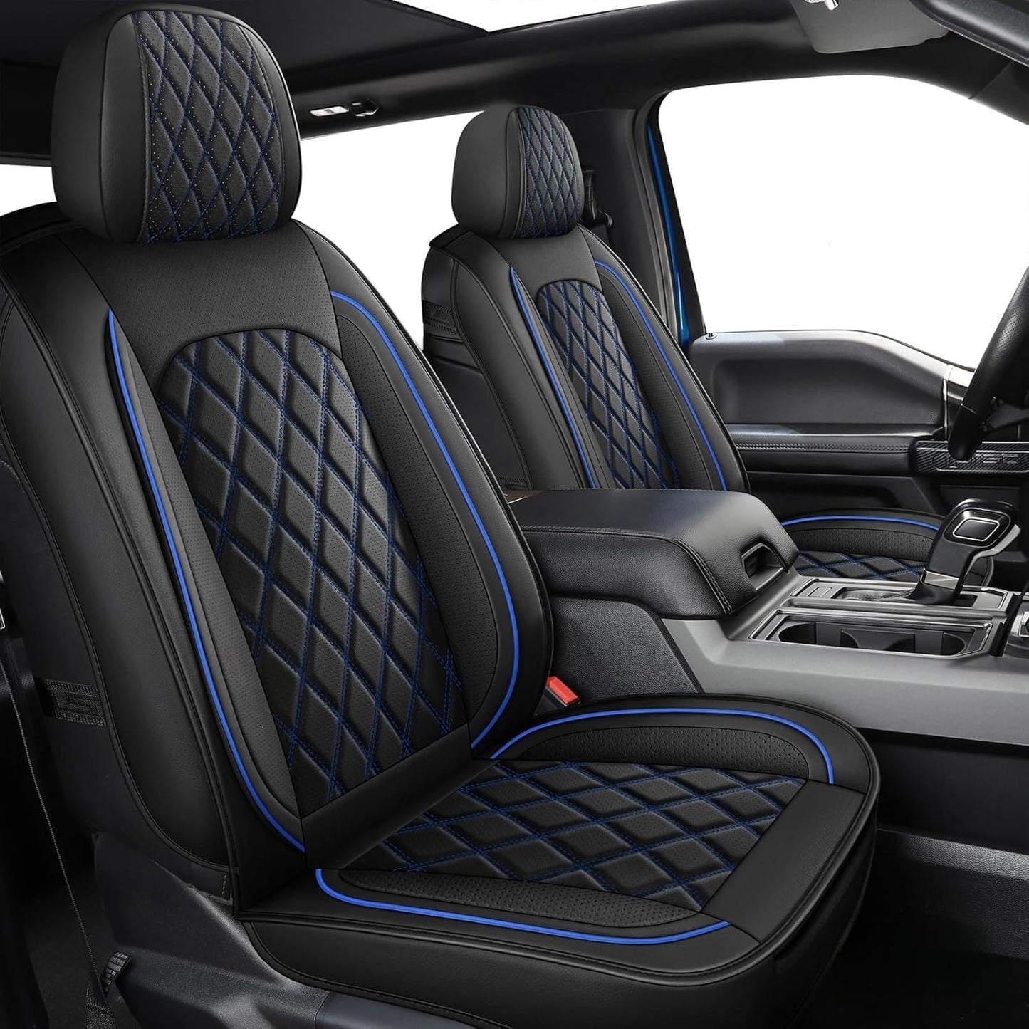 MIROZO 2PCS Front Truck Seat Cover,Waterproof Ram Seat Covers Truck Cushion Compatible with 2009-2025 RAM 1500 2500 3500 Pickup Crew Quad Cab (2PCS Front,Black and Blue)