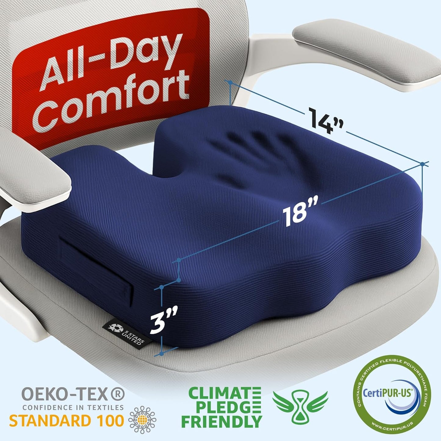 5 STARS UNITED Seat Cushion for Tailbone Pain Relief – Memory Foam Lifting Pillow for Coccyx, Hip, Hemorrhoid, Sciatica & Post-Surgery Recovery – Wheelchair, Car, Desk, Gaming & Office Chairs, D Blue