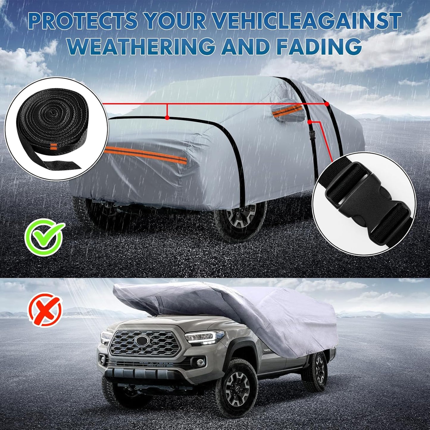 KEYOOG Fit for 198"-220" Length Pickup, 6-Layer Full Car Cover is All-Weather Waterproof, Universal in All Seasons, Snow Prevention, Rainproof, Acid Rainproof, Sunscreen, Orange Reflective Strip