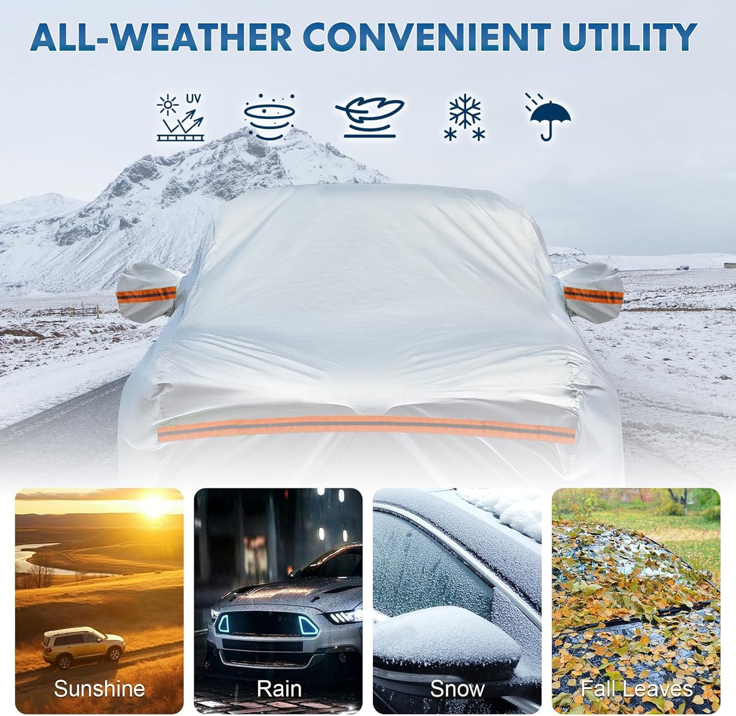 KEYOOG Fit for 178"-189" Length SUVs, 6-Layer Full Car Cover is All-Weather Waterproof, Universal in All Seasons, Snow Prevention, Rainproof, Acid Rainproof, Sunscreen, Orange Reflective Strip