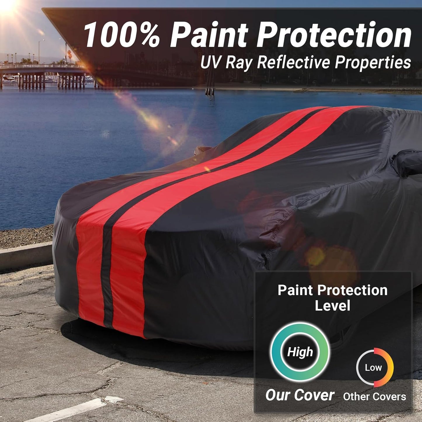 iCarCover Custom Car Cover for Chevy Volt (2011-2021) Waterproof All Weather Rain Snow UV Sun Protector Full Exterior Indoor Outdoor Car Cover (Stripe - Black/Red)