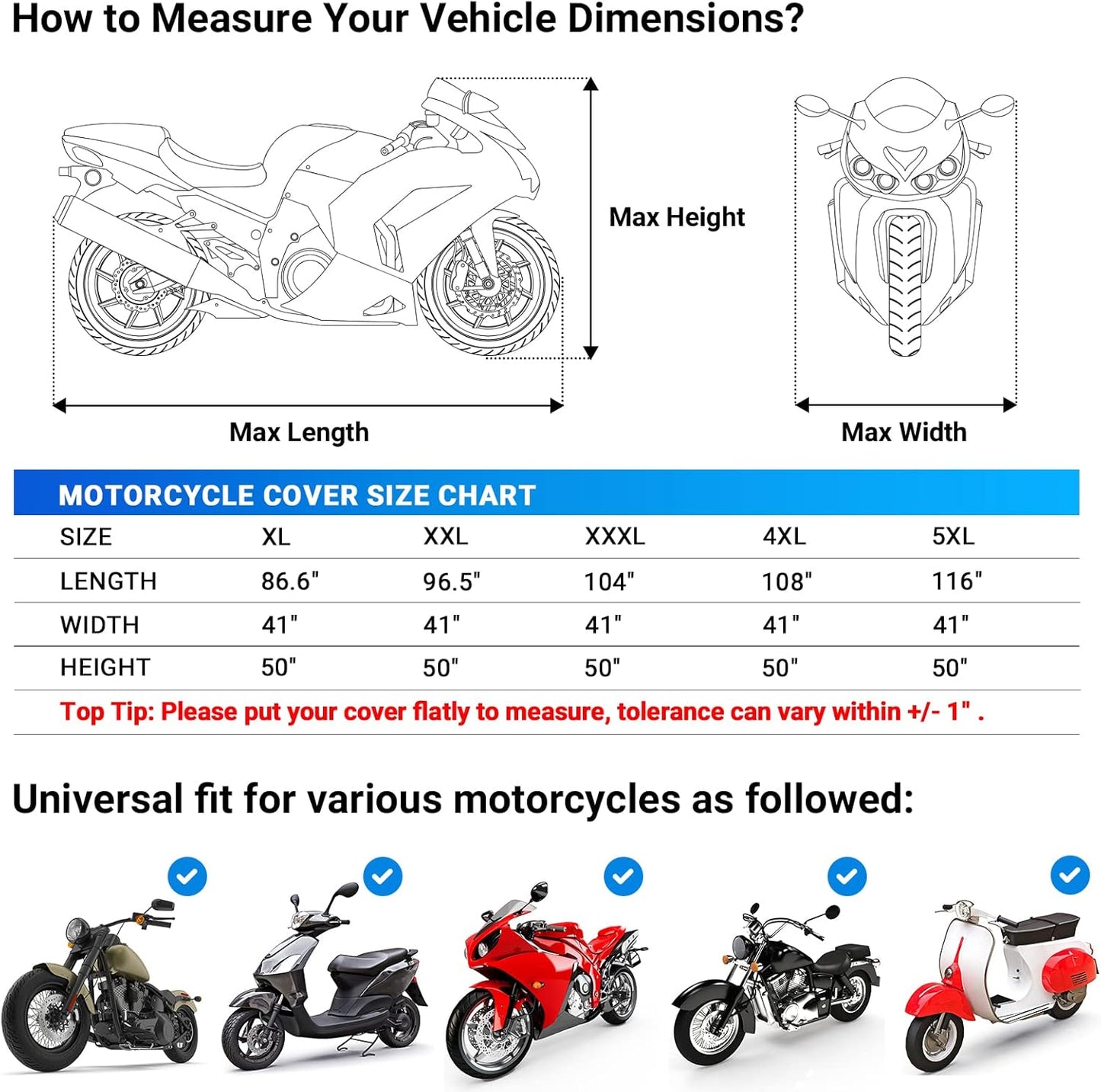 Favoto Motorcycle Cover 96.5 inches Length All Season Universal Weather Waterproof Rain Sun Outdoor Protection Night Reflector with Lock-Holes & Storage Bag Motorbike Vehicle Cover