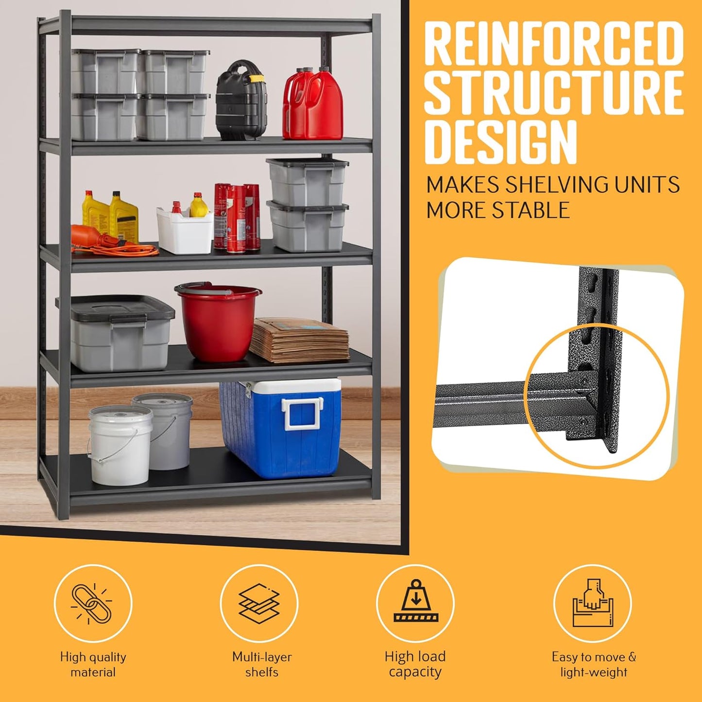 Rigma 5 Tier Garage Shelf, Heavy Duty Steel Shelving Unit, Adjustable Metal Multi-use Storage Rack, Shelves for Garage, Basement, and Industrial Warehouse Or Office (47" W X 20" D X 72" H 5-Tier)