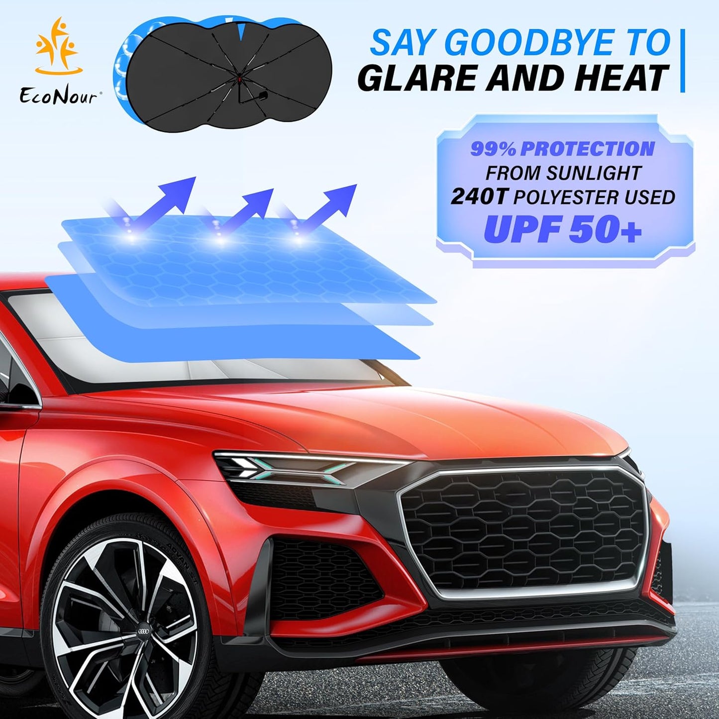 EcoNour Car Windshield Sunshade Umbrella | Foldable Car Umbrella Sun Shade Cover | Front Windshield Shade for Heat and UV Rays Protection | 240T Polyester Umbrella Sunshade | Large (57"x35")