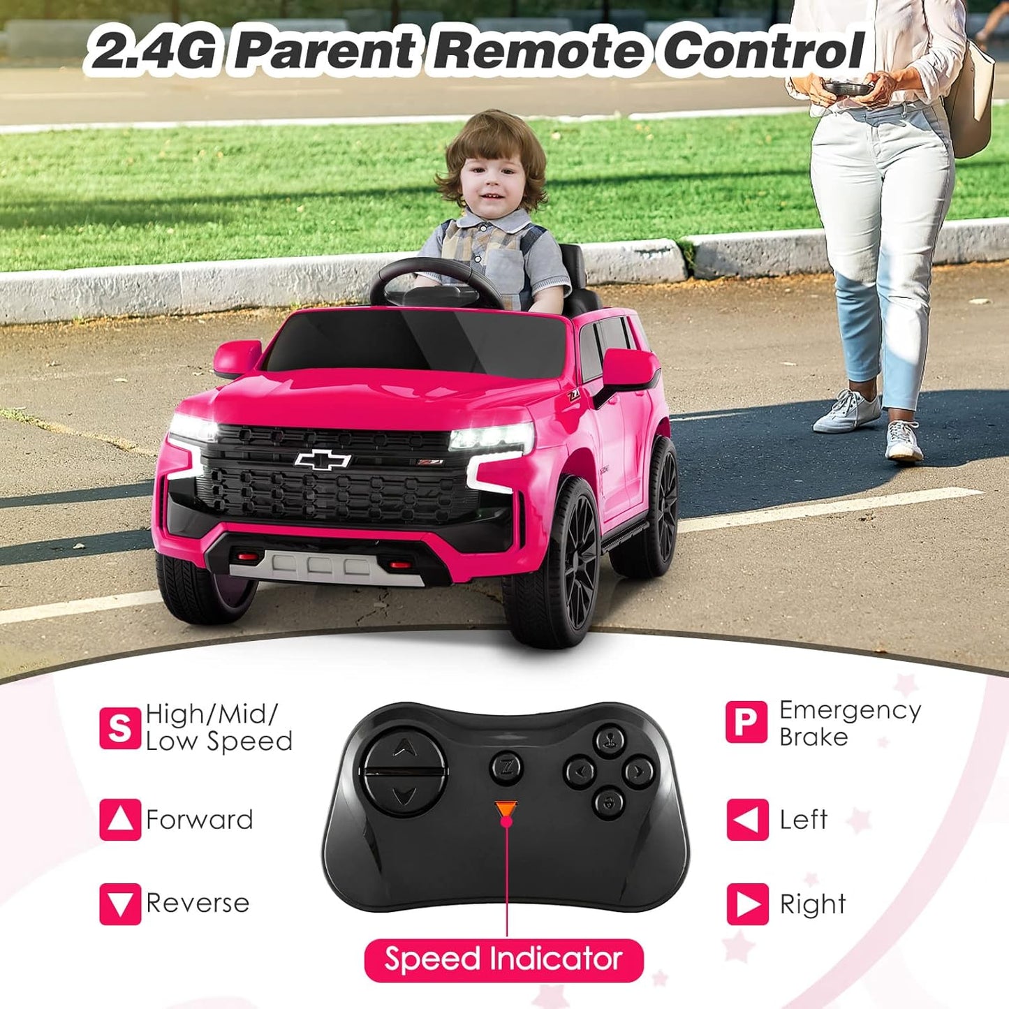 HONEY JOY Ride On Truck, 12V Licensed Chevrolet Tahoe, Chevy Electric Vehicle for Kids, Soft Start, Music, Lights, Battery Powered Ride On Car Toy with Remote Control, Gift for Boys Girls (Pink)