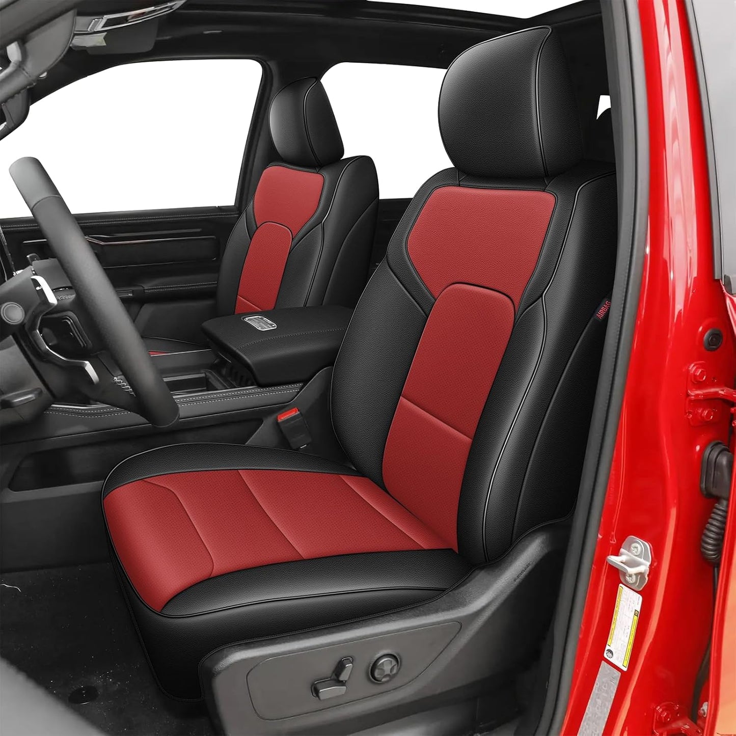 AOMSAZTO Custom Car Seat Covers for Ram 1500: 2009 2010 2011 2012 2013 2014 2015 2016 2017 2018 for Ram 2500 2010-2018 Full Set Faux Leather Seat Covers Black+Red