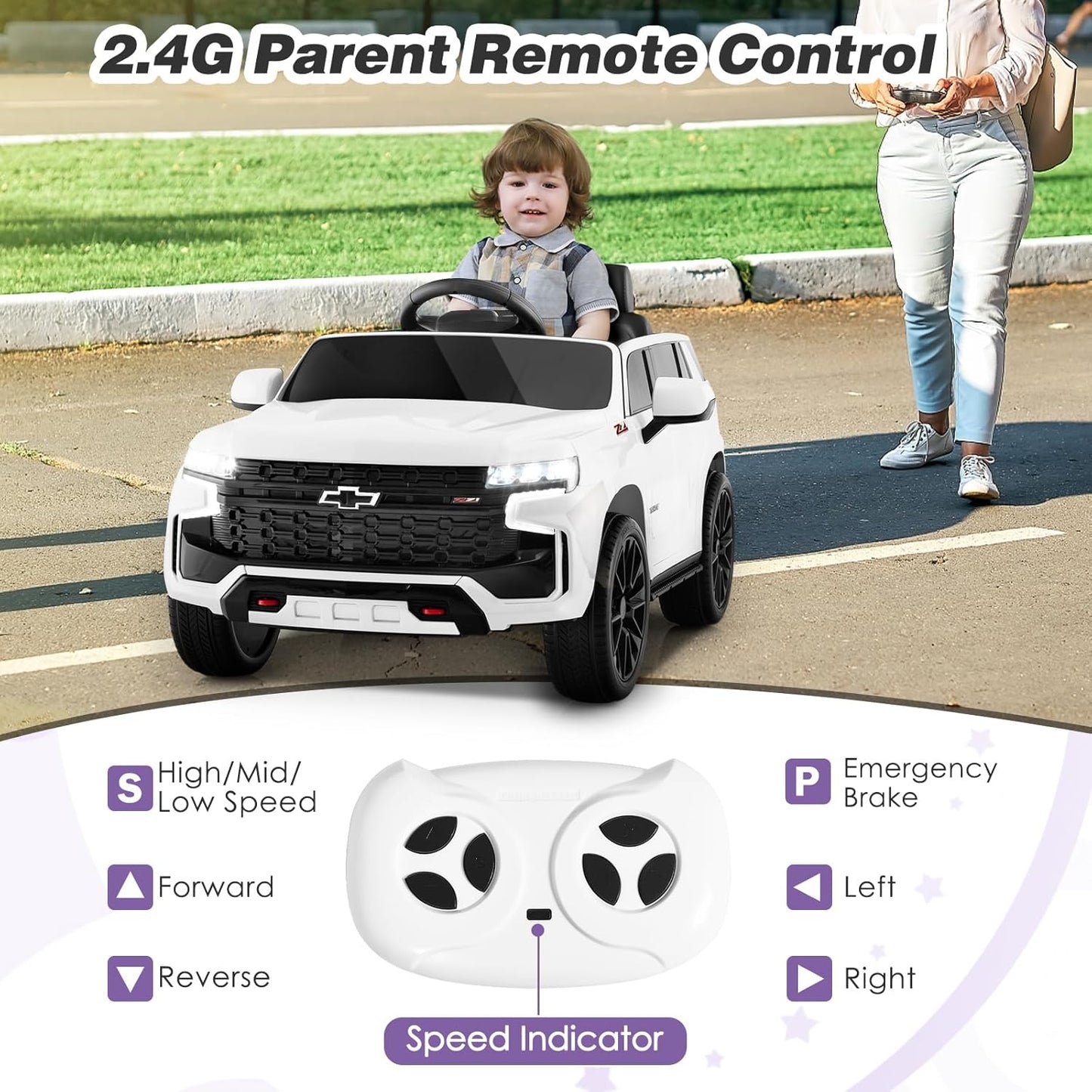 HONEY JOY Ride On Truck, 12V Licensed Chevrolet Tahoe, Chevy Electric Vehicle for Kids, Soft Start, Music, Lights, Battery Powered Ride On Car Toy with Remote Control, Gift for Boys Girls (White)