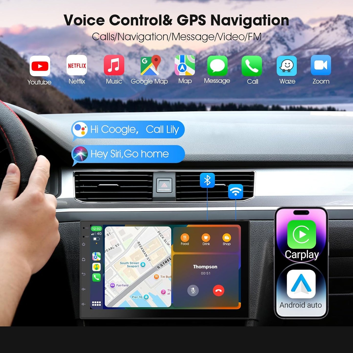 Wireless CarPlay Screen for Car & Android Auto Head Unit - Touchscreen 7 Inch Double Din Car Stereo with Backup Camera for All Cars(2+64GB)