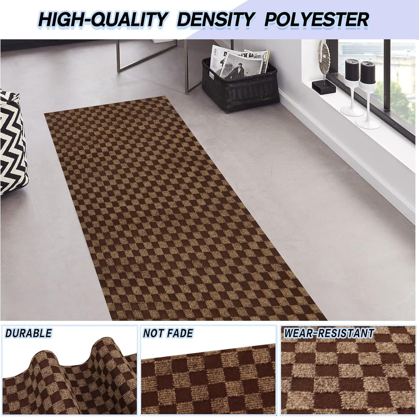 Custom Size Backed Non-Slip Area Rugs Runner, Easy Clean, Waterproof Runner Rugs for Hallway Entryway, Kitchen, Laundry, 2FT x 37FT, Brown Checkered