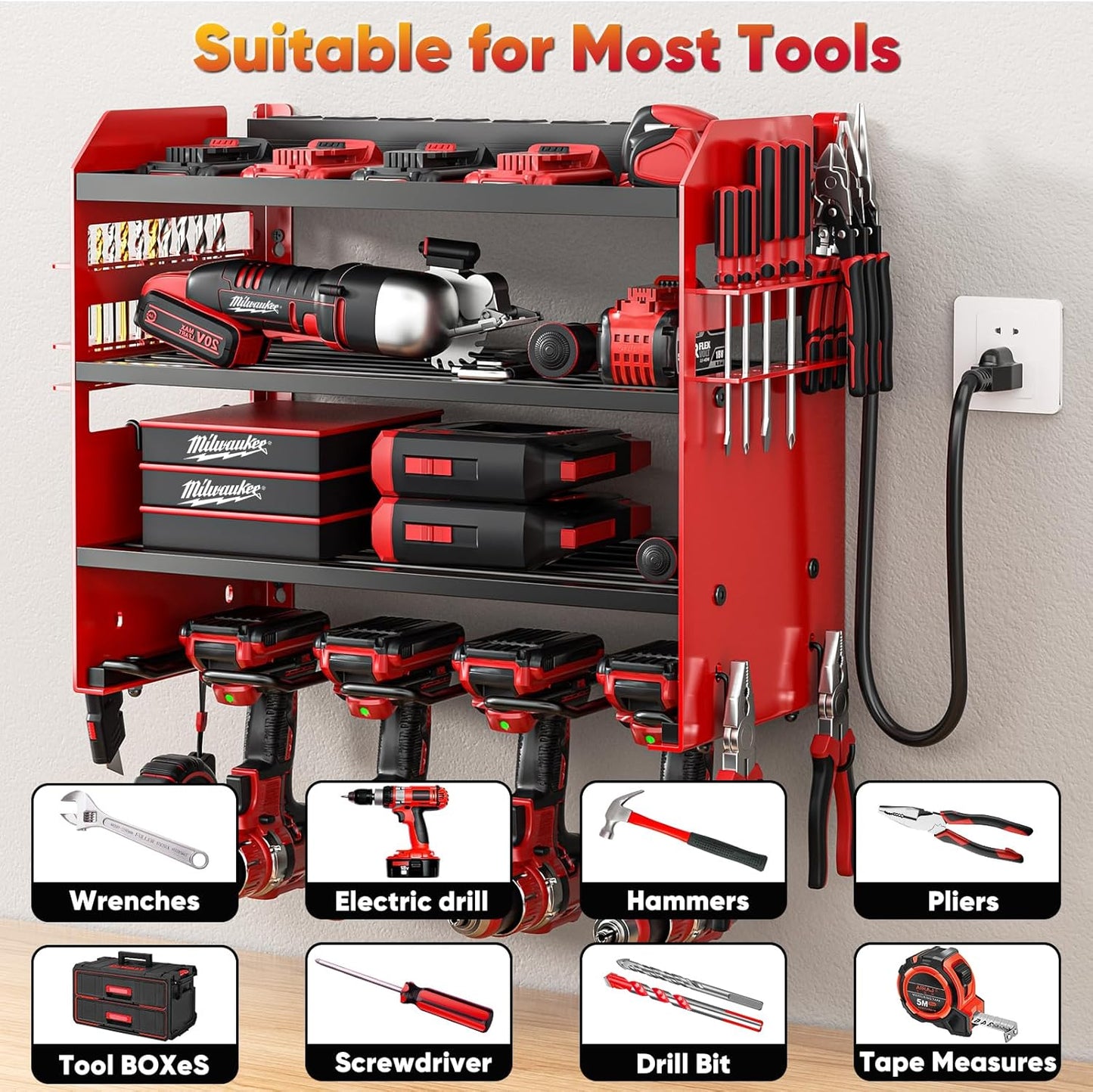 Power Tool Organizer Wall Mount with Charging Station,Tool Storage Rack with 8 Outlet Power Strip,Heavy Duty Metal Battery Utility Rack with 4 Cordless Drill Holder 6.56 Ft Cord for Garage