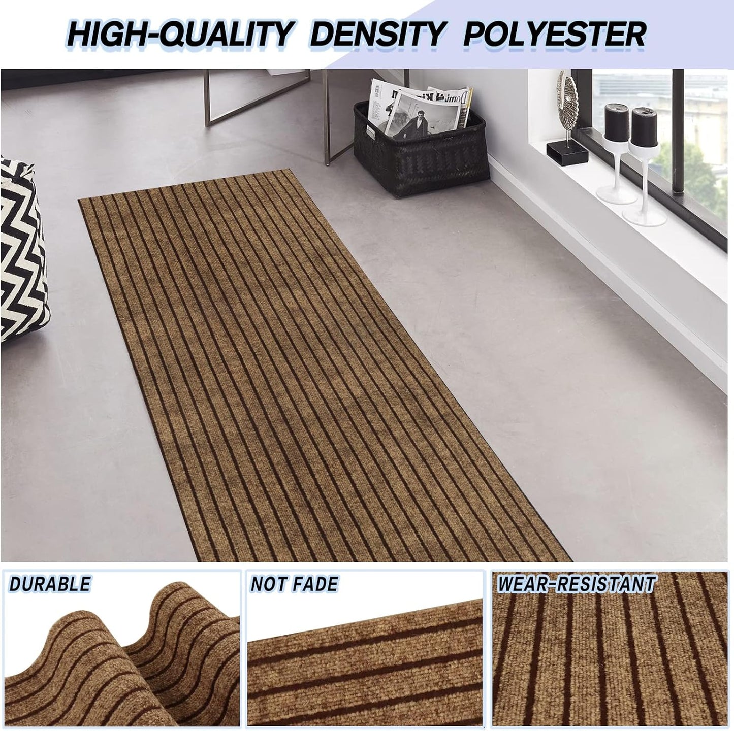 Custom Size Backed Non-Slip Area Rugs Runner, Easy Clean, Waterproof Runner Rugs for Hallway Entryway, Kitchen, Laundry, 2FT x 16FT, Brown Stripe