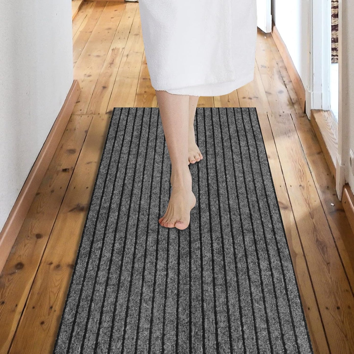 Custom Size Backed Non-Slip Area Rugs Runner, Easy Clean, Waterproof Runner Rugs for Hallway Entryway, Kitchen, Laundry, 4FT x 43FT, Gray Stripe