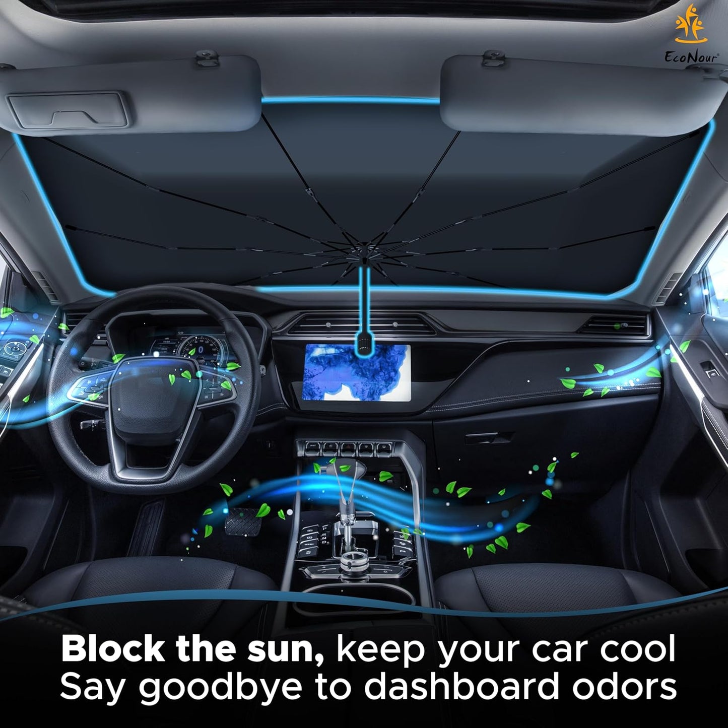 EcoNour Adjustable Car Windshield Umbrella Sun Shade | Foldable UV Protection Shade with 240T Polyester | Fits Various Windshield Angles