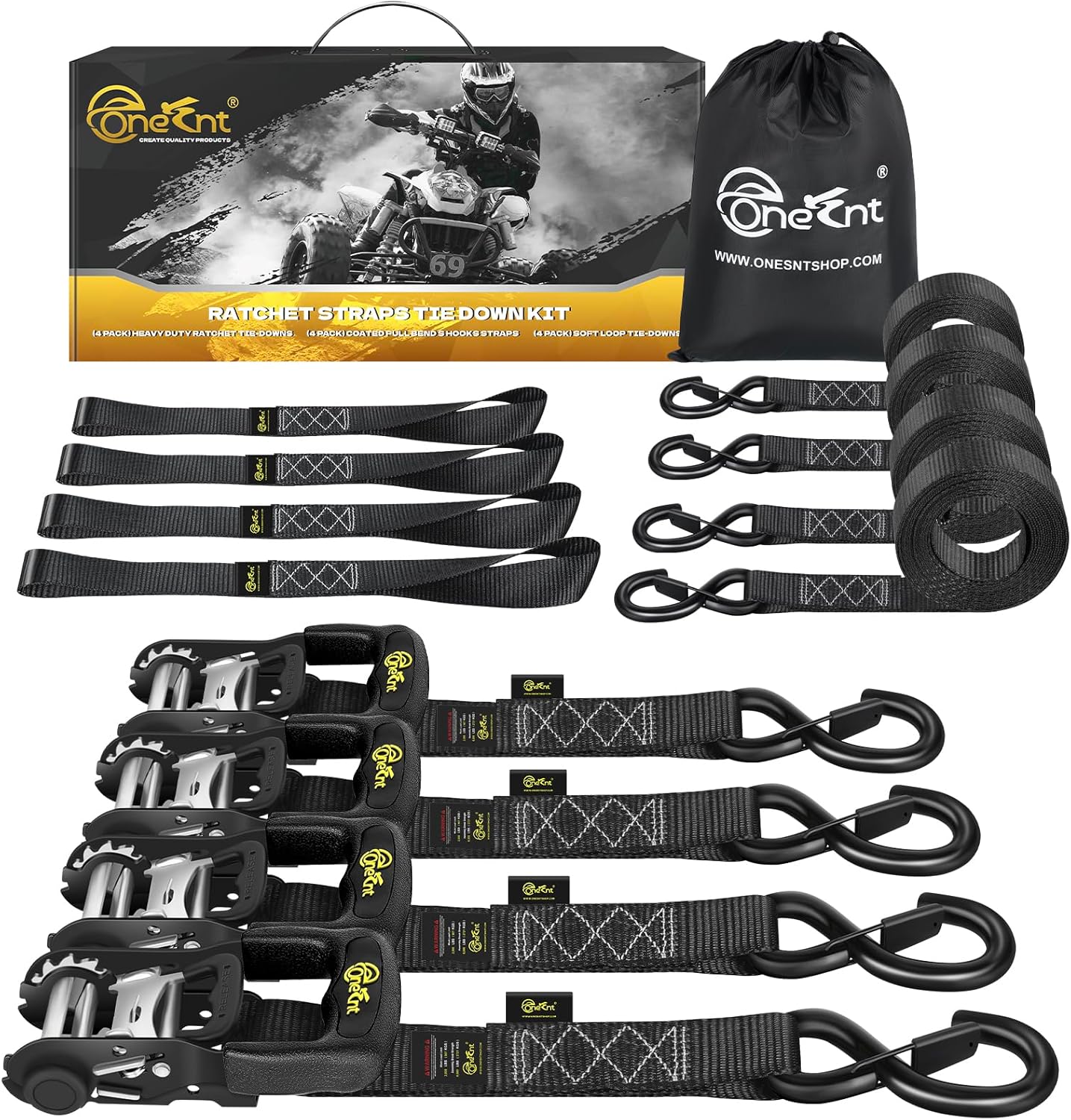 4Pcs 1.6”x16ft Heavy Duty Ratchet Straps with Padded Handles+Coated S Hooks+Soft Loop Tie-Downs-6000 Pound Break Strength for Ratchet Strap Tie Down Kit