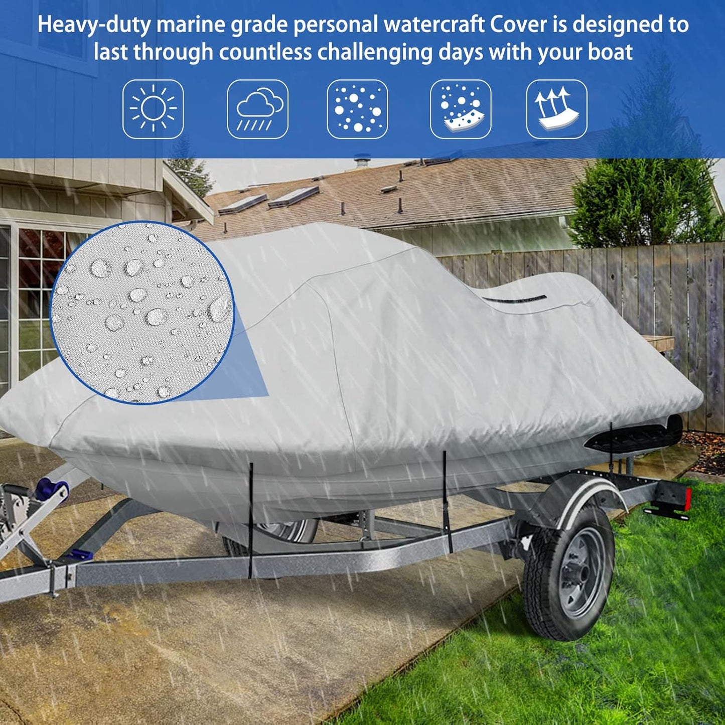 iCOVER Jet Ski Cover - Waterproof Heavy Duty Trailerable Jetski Covers for Seadoo Kawasaki Yamaha Wave Runner, Fits PWC Models Up to 125in Long