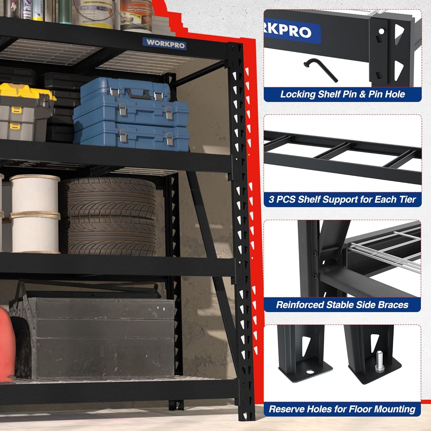 WORKPRO Garage Shelving, 68" W x 24" D x 65" H, 7200 LBS Load, Heavy Duty Metal Shelving for Storage, Industrial Shelving Storage Rack for Warehouse Kitchen Shop Basement, Black, Pack of 2
