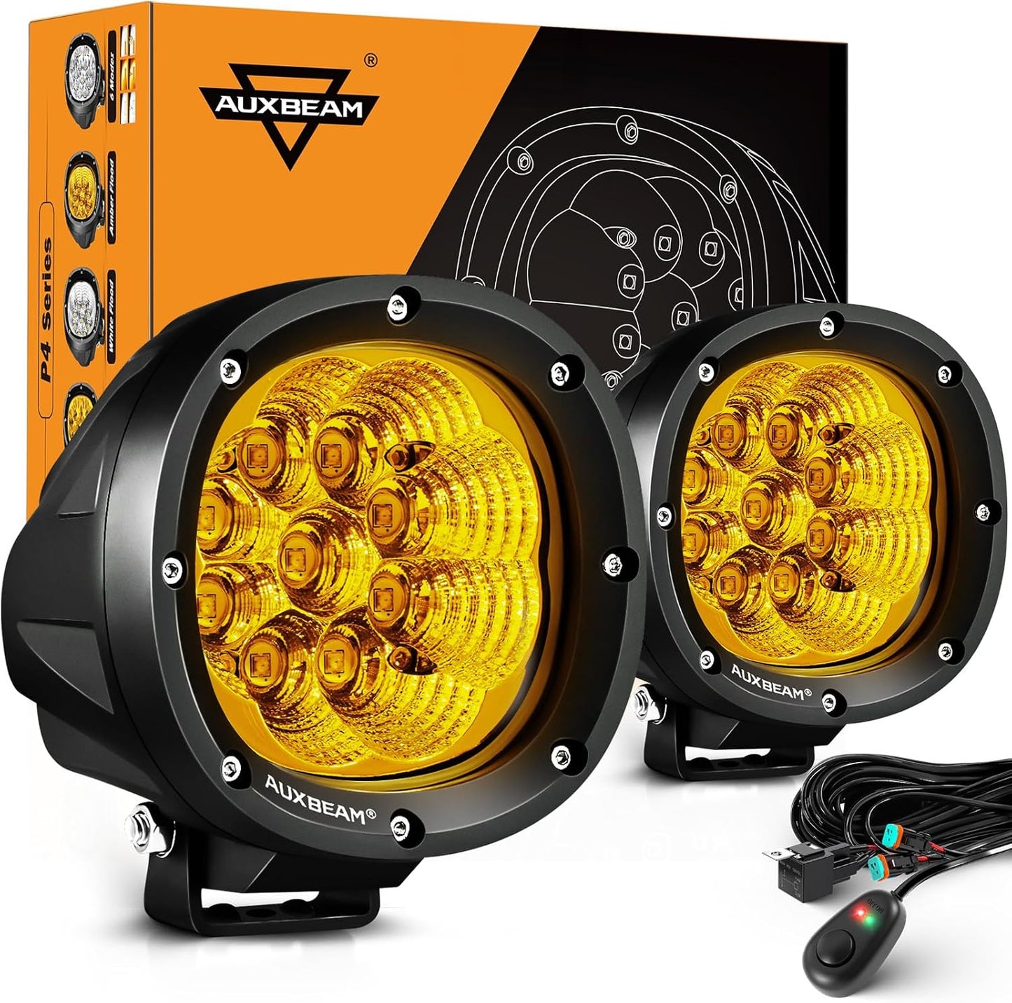Auxbeam P4 Series Flood Beam Amber Round Light Pods, 4 Inch 90W Yellow Flood Light Bar Backup Reverse, LED Offroad Lights Automotive Work Lights Super Bright Fog Lamp, Pair